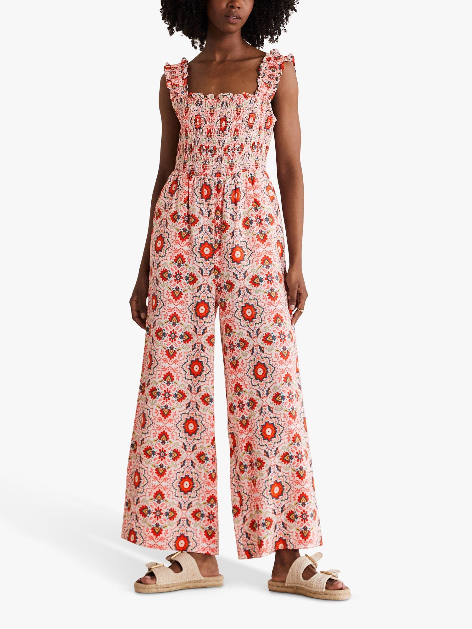 Boden Jasmine Linen Bloomsbury Print Smocked Jumpsuit, Multi