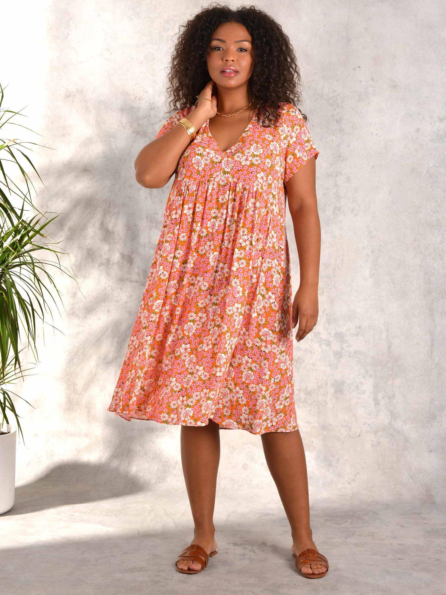 Live Unlimited Floral Print V-Neck Dress, Orange/Multi