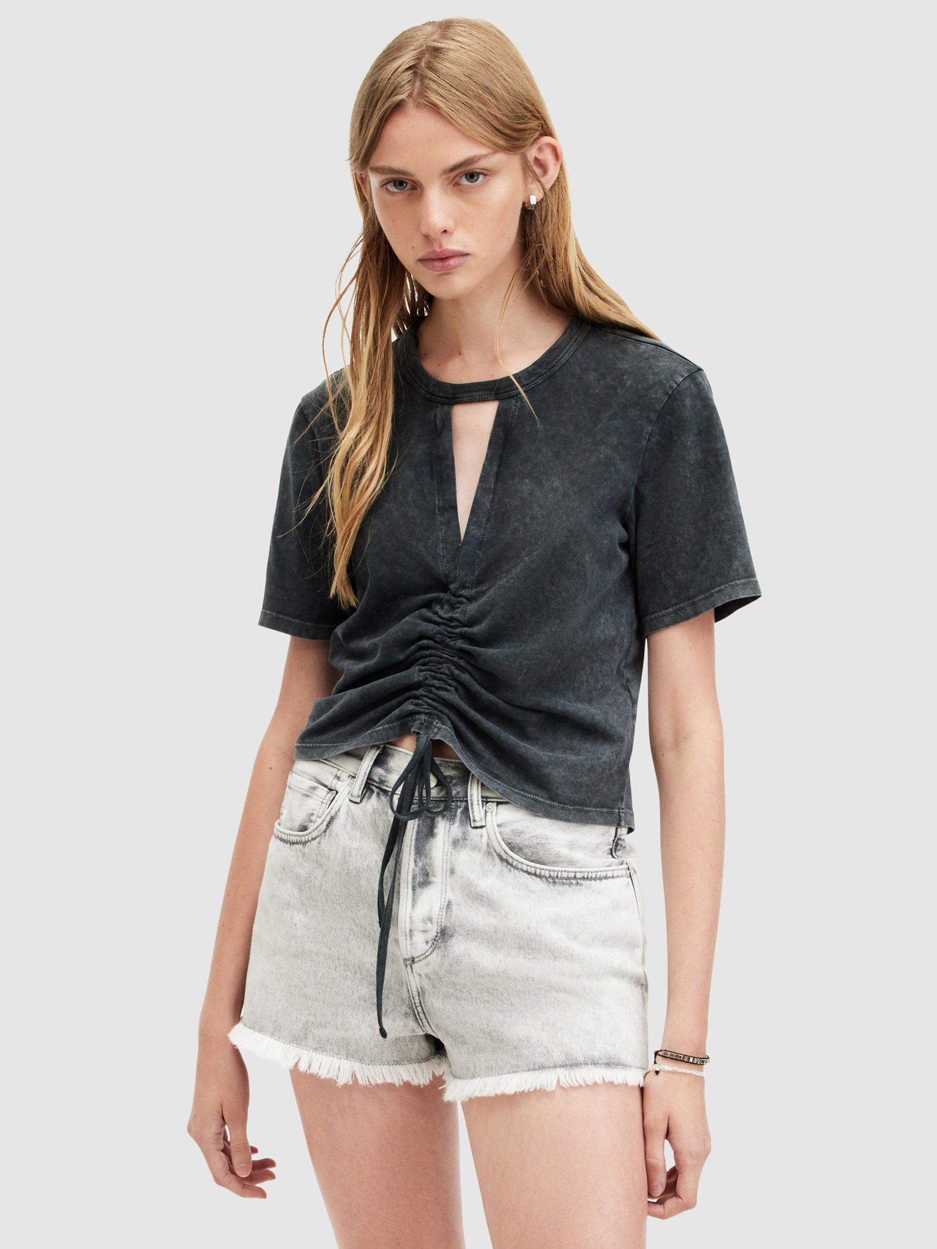 AllSaints Gigi Centre Drawcord T-Shirt, Acid Washed Black