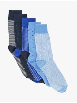 John Lewis Spot Stripe Cotton Blend Socks, Pack of 5, Blue/Multi