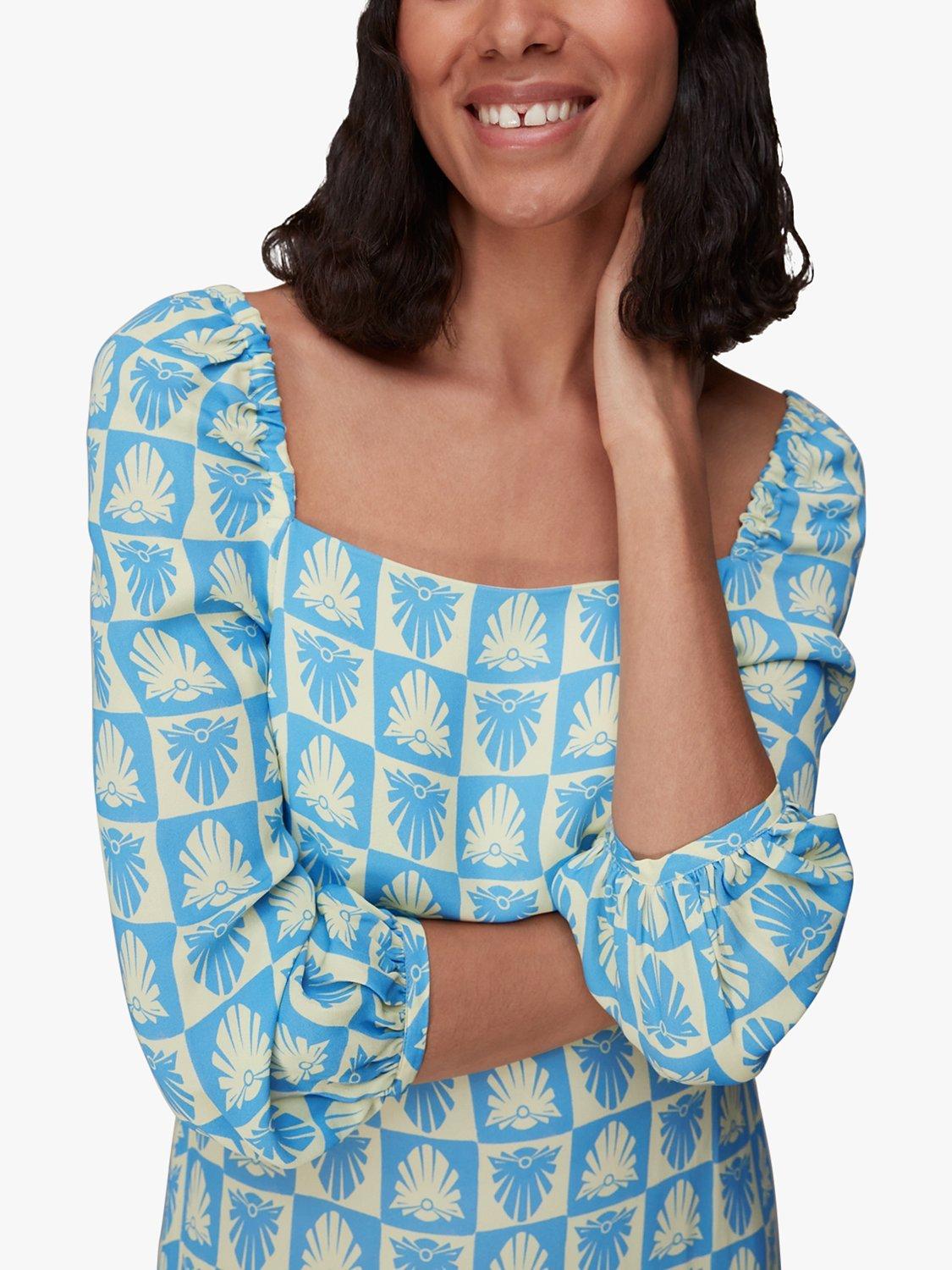 Product image 3 of 6, which shows Whistles Checker Board Shells Midi Dress, Blue/Multi, 6
