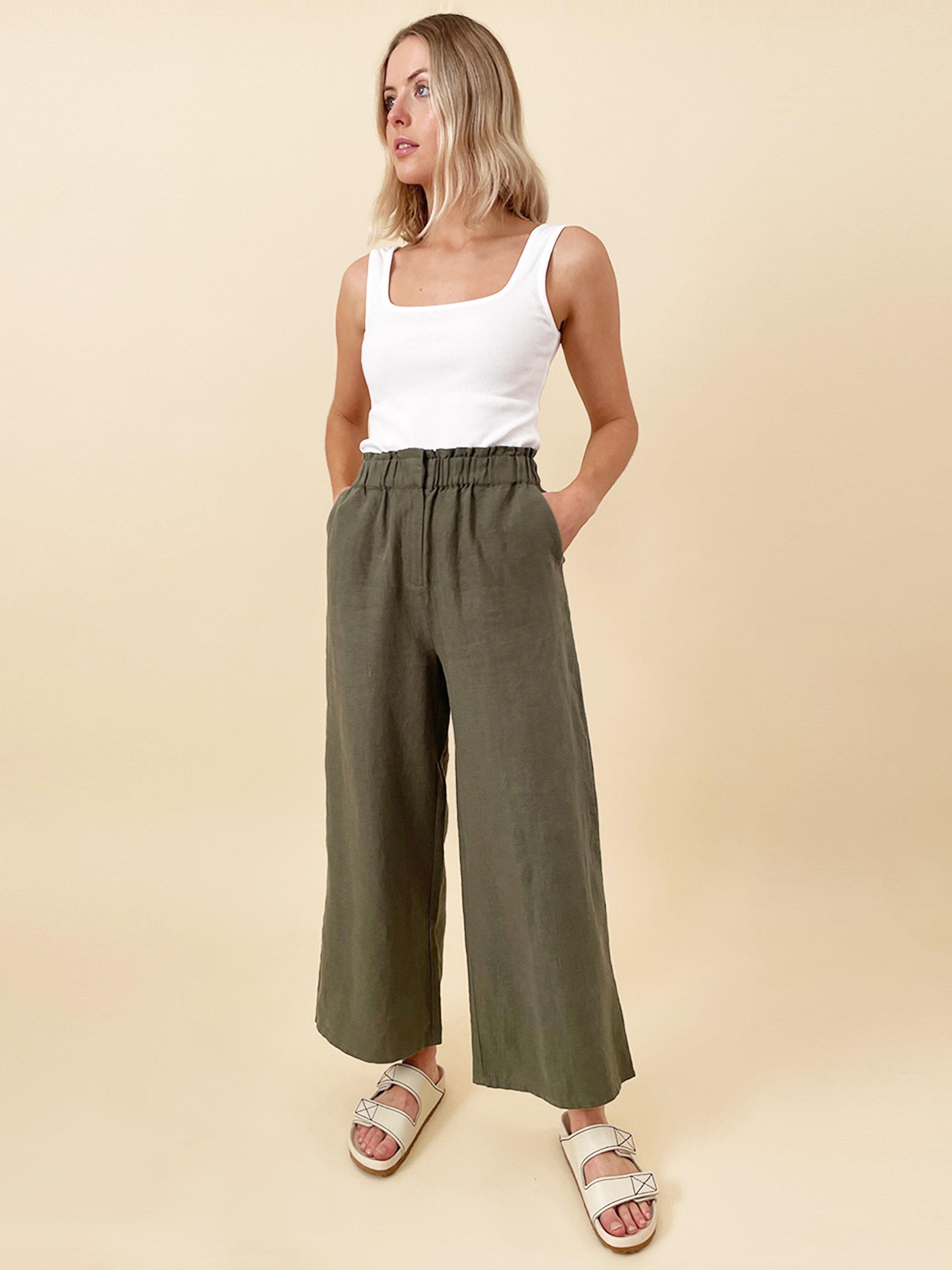 Albaray Ruffle Wide Leg Linen Trousers, Khaki