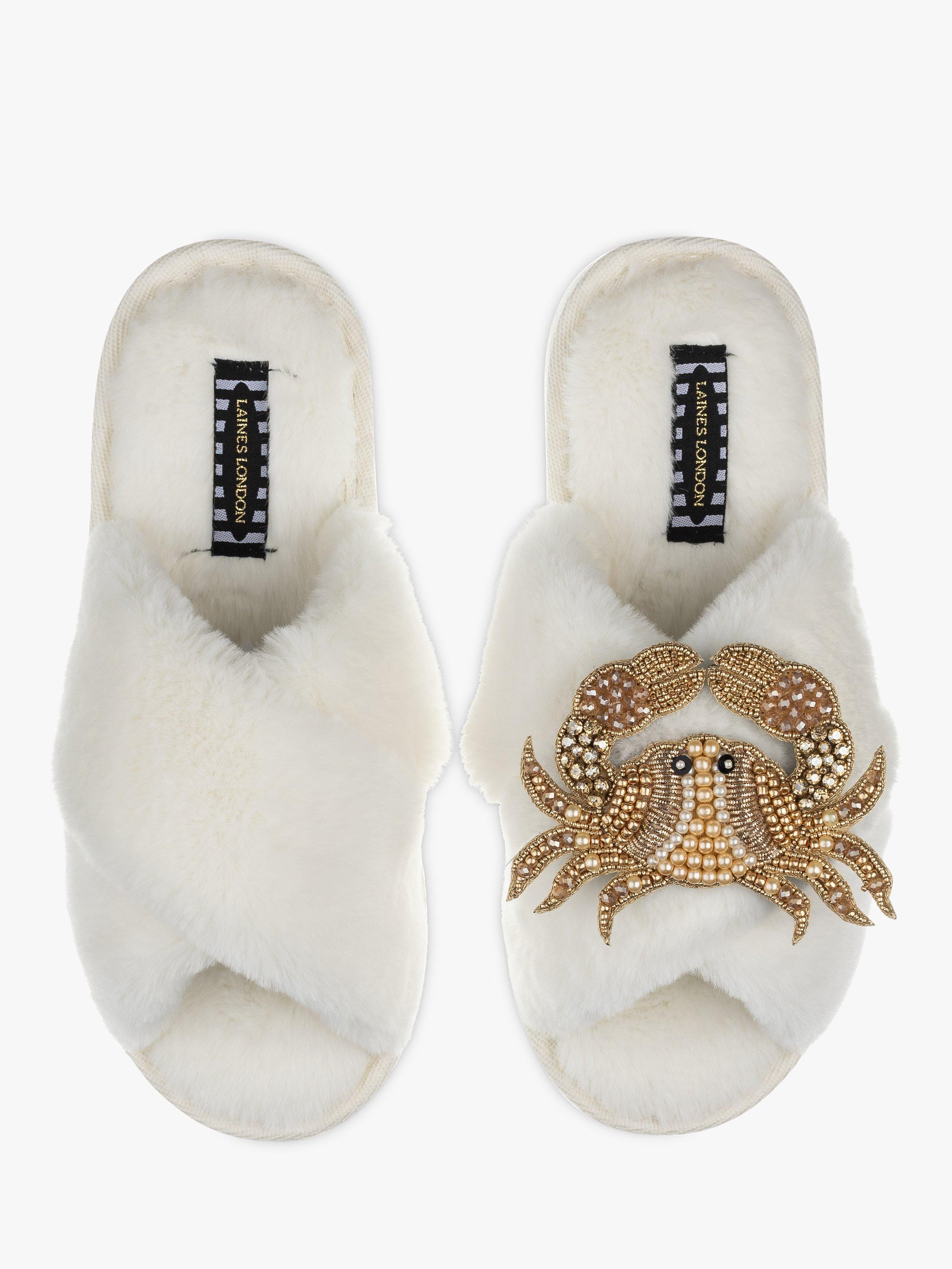 Laines London Classic Faux Fur Crab Brooch Slippers, Cream/Gold