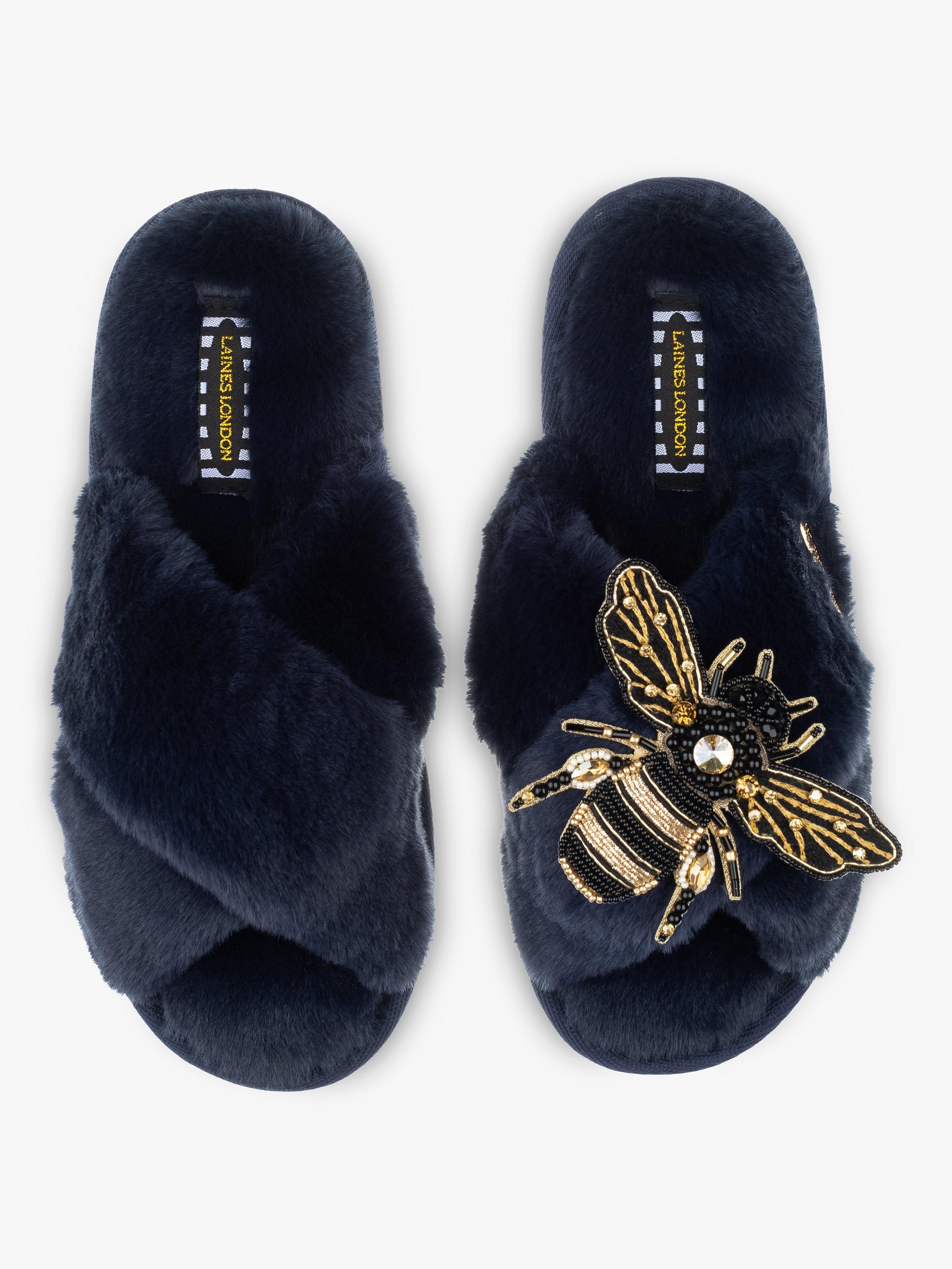 Laines London Classic Faux Fur Bee Brooch Slippers, Navy/Gold