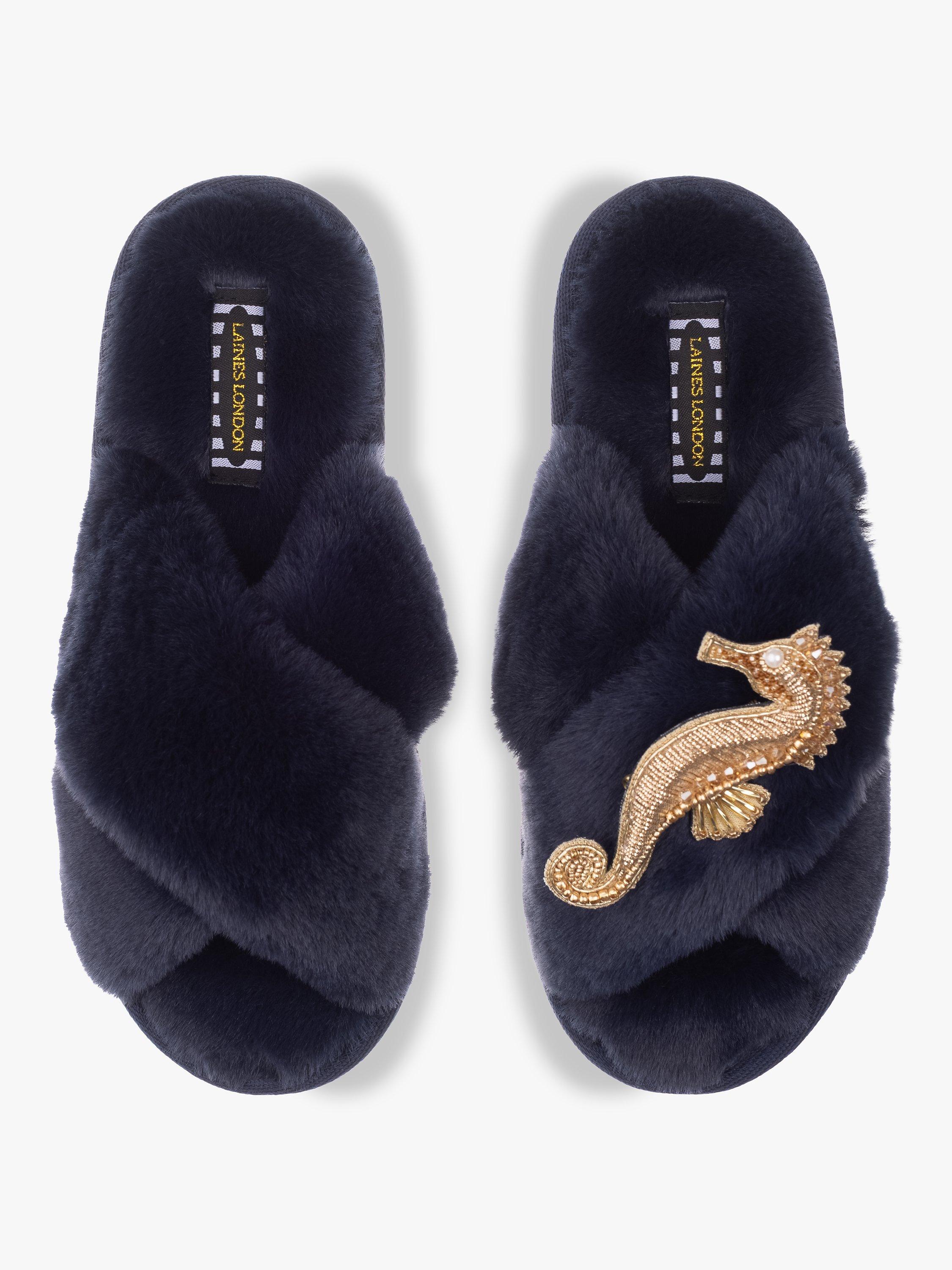 Laines London Classic Faux Fur Seahorse Brooch Slippers, Navy/Gold