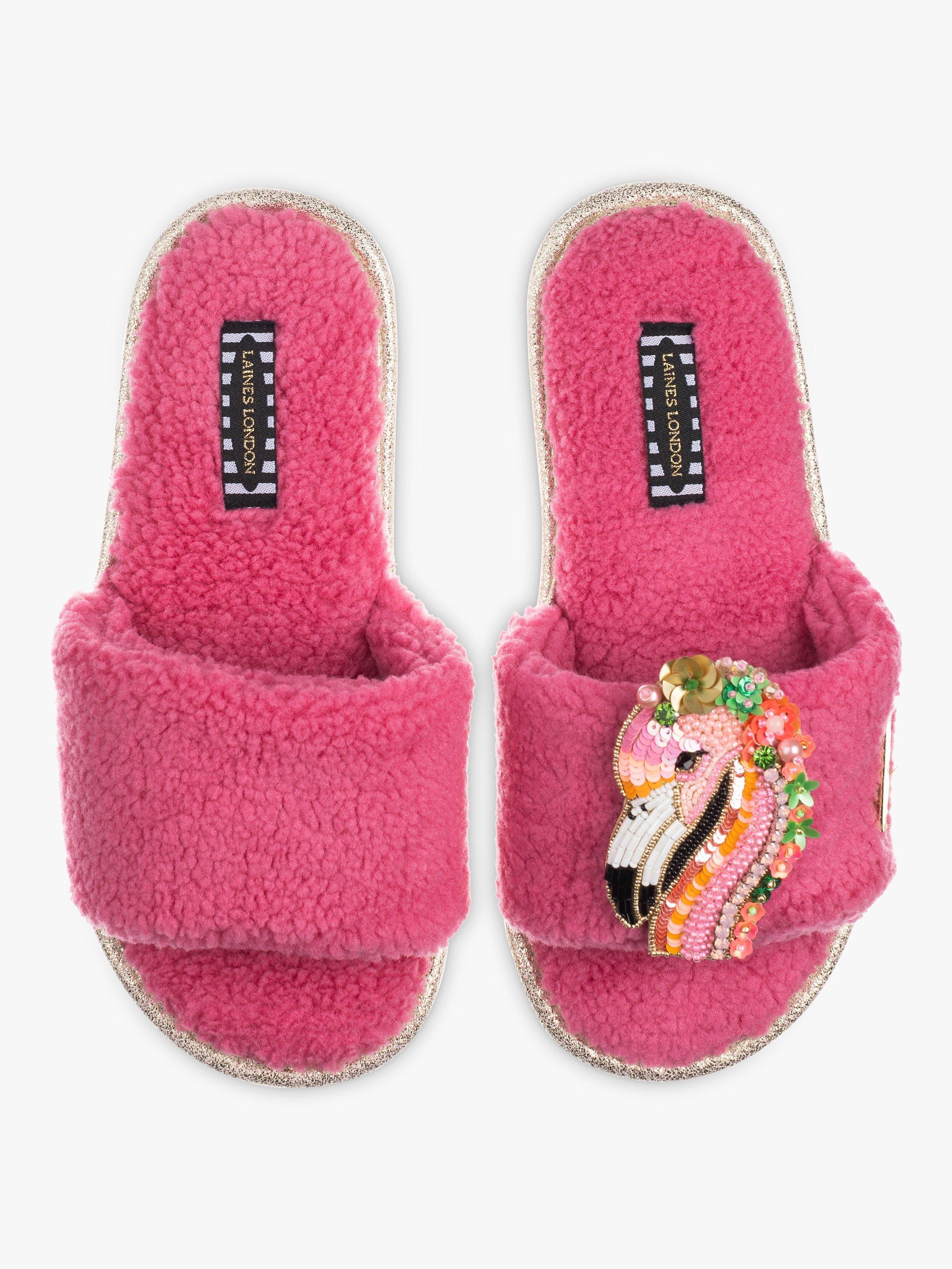 Laines London Teddy Towelling Flamingo Slider Slippers, Raspberry
