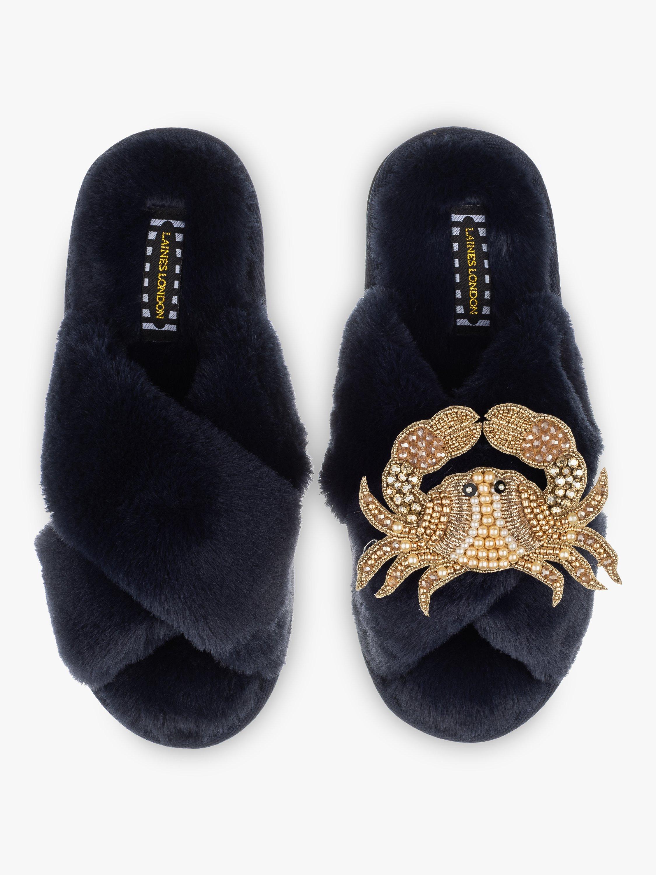 Laines London Classic Faux Fur Crab Brooch Slippers, Navy/Gold