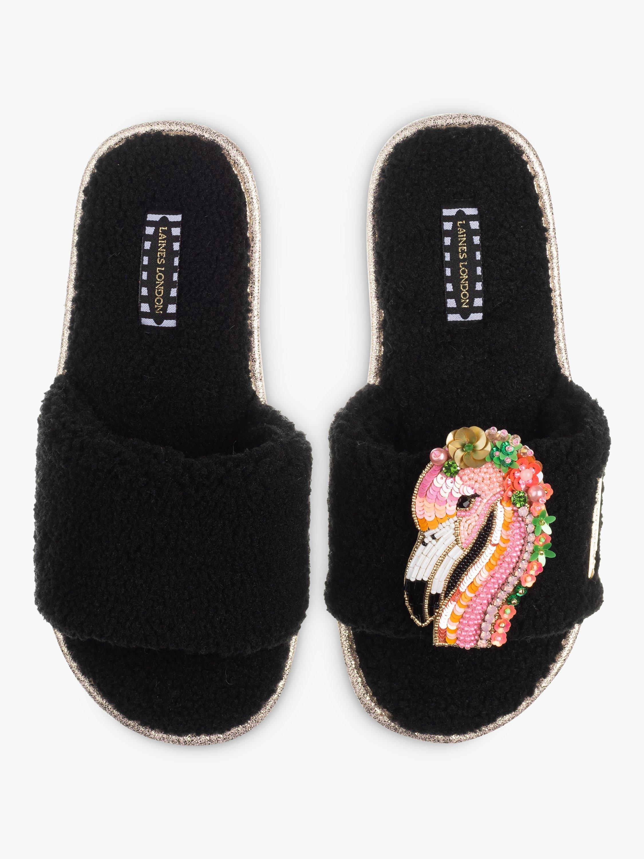 Laines London Teddy Towelling Flamingo Slider Slippers, Black