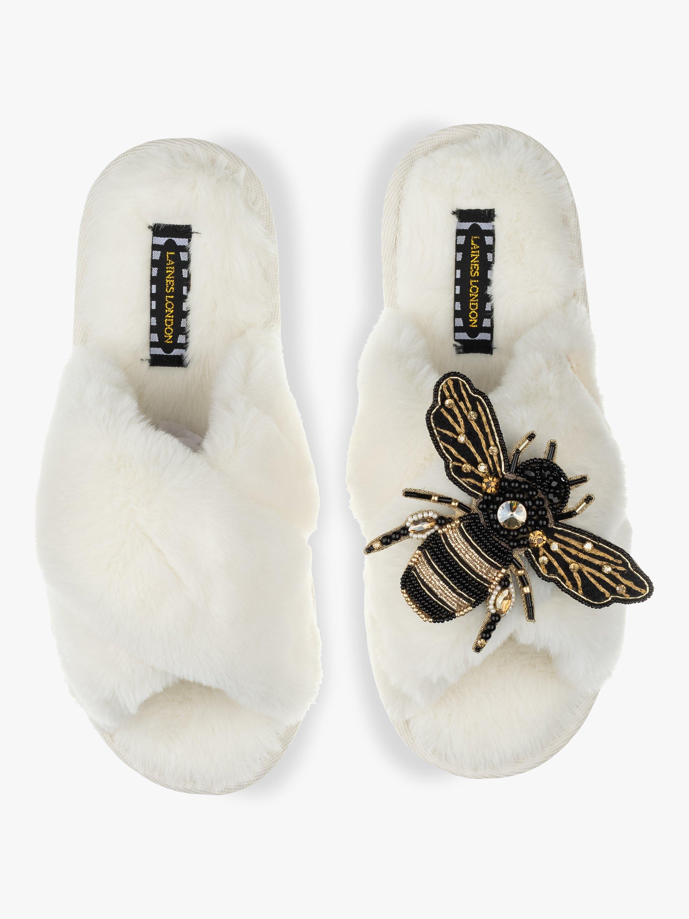 Laines London Classic Faux Fur Bee Brooch Slippers, Cream/Gold