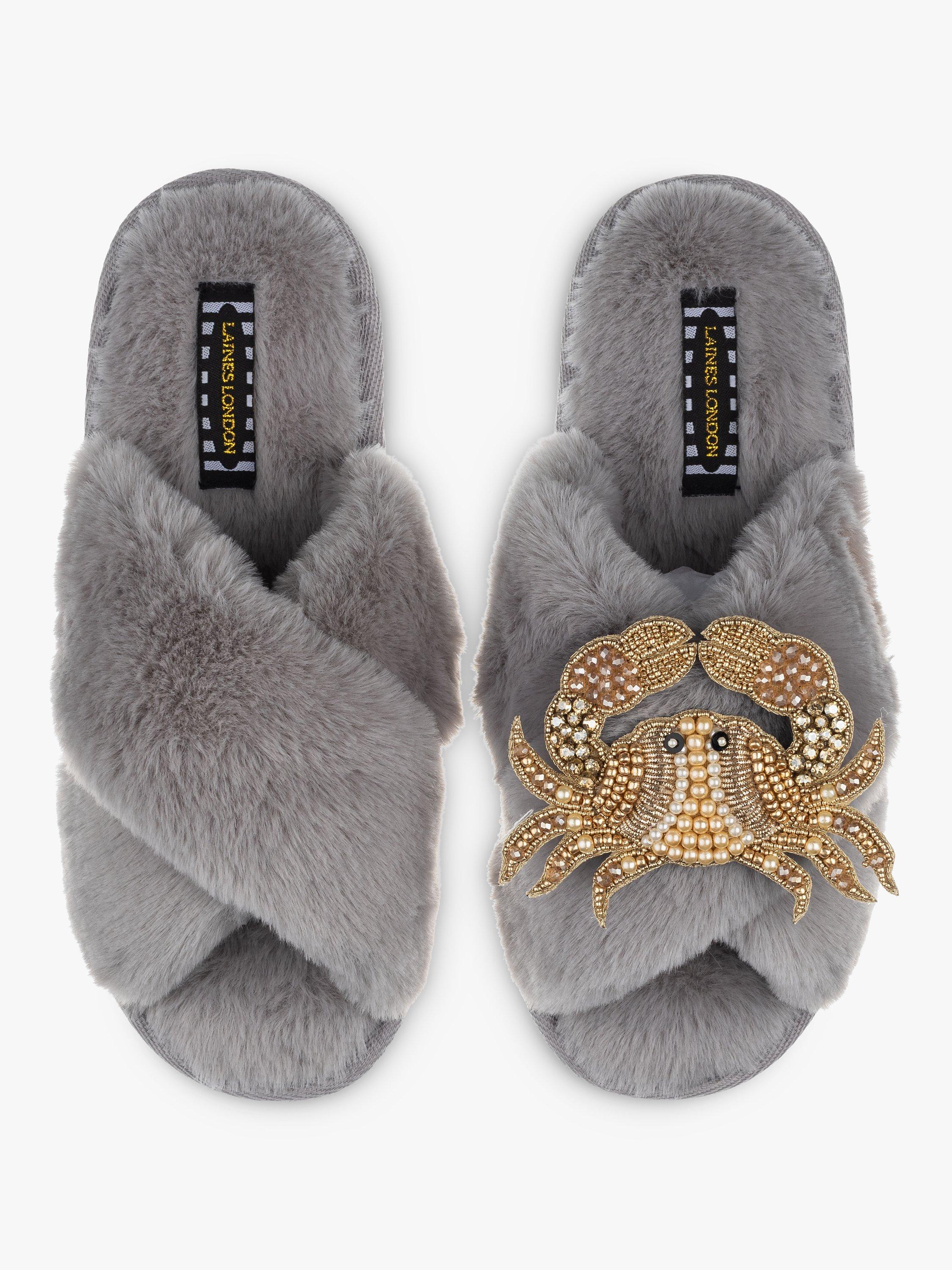 Laines London Classic Faux Fur Crab Brooch Slippers, Grey/Gold