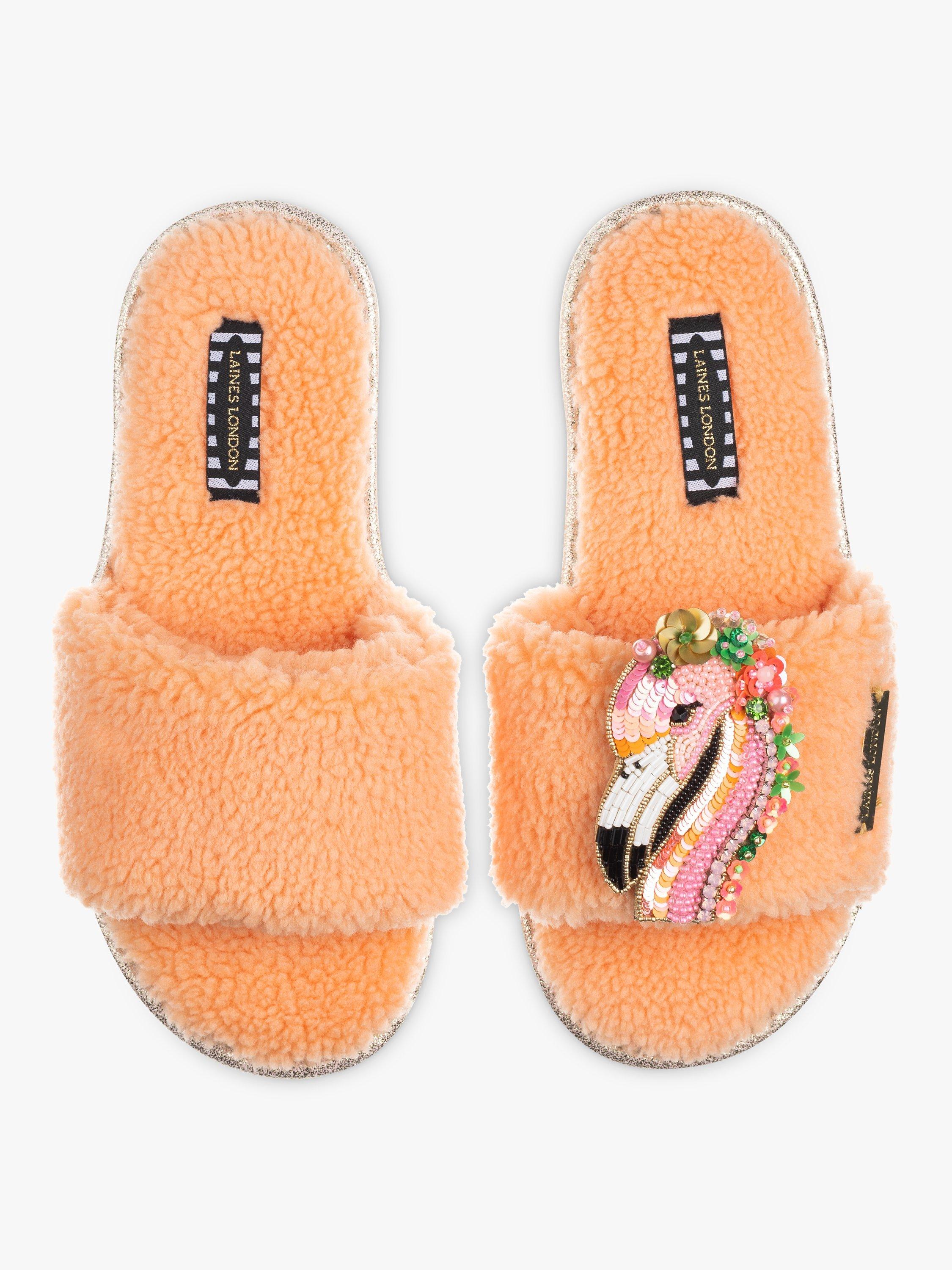 Laines London Teddy Towelling Flamingo Slider Slippers, Coral