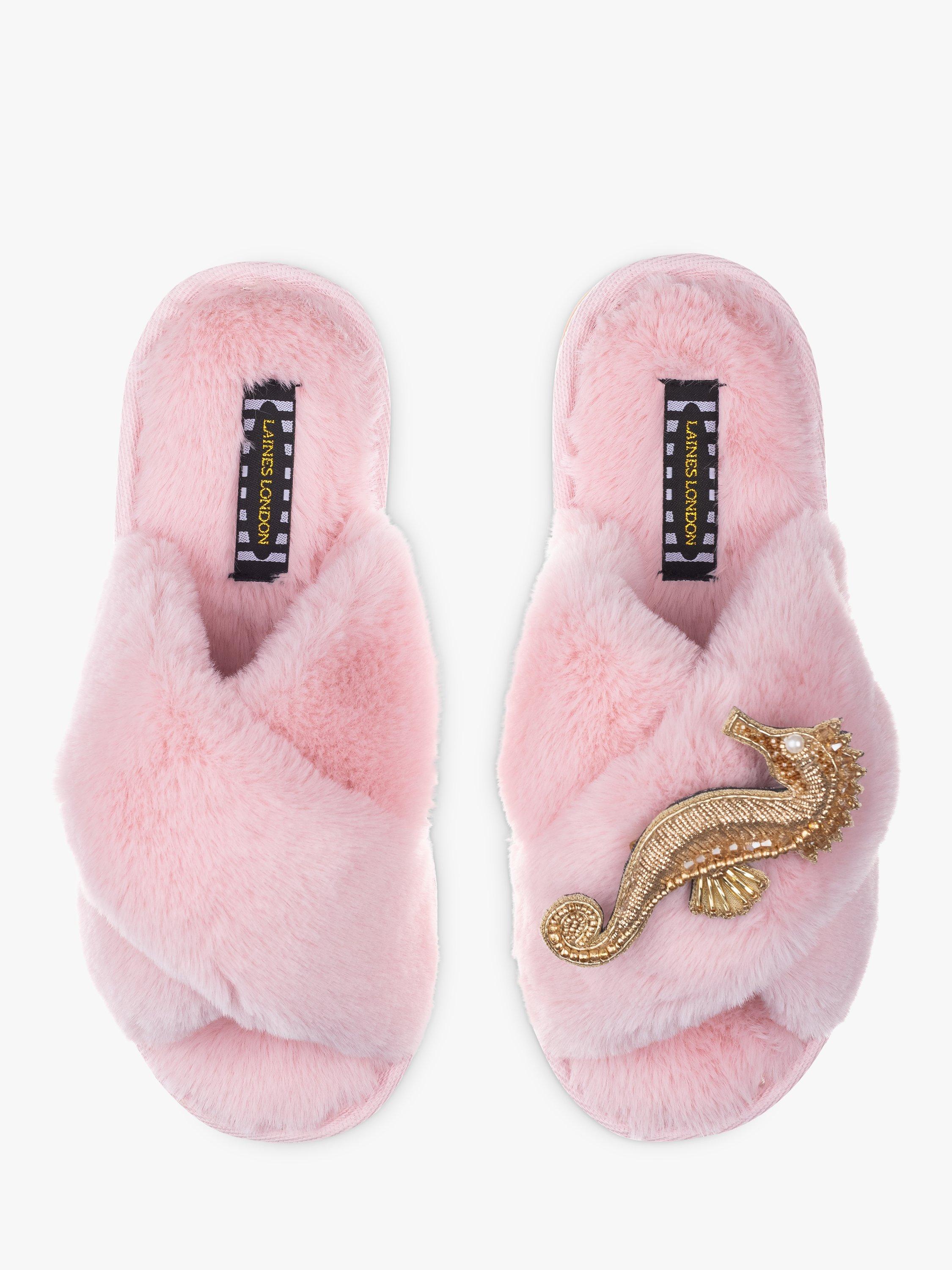 Laines London Classic Faux Fur Seahorse Brooch Slippers, Pink/Gold