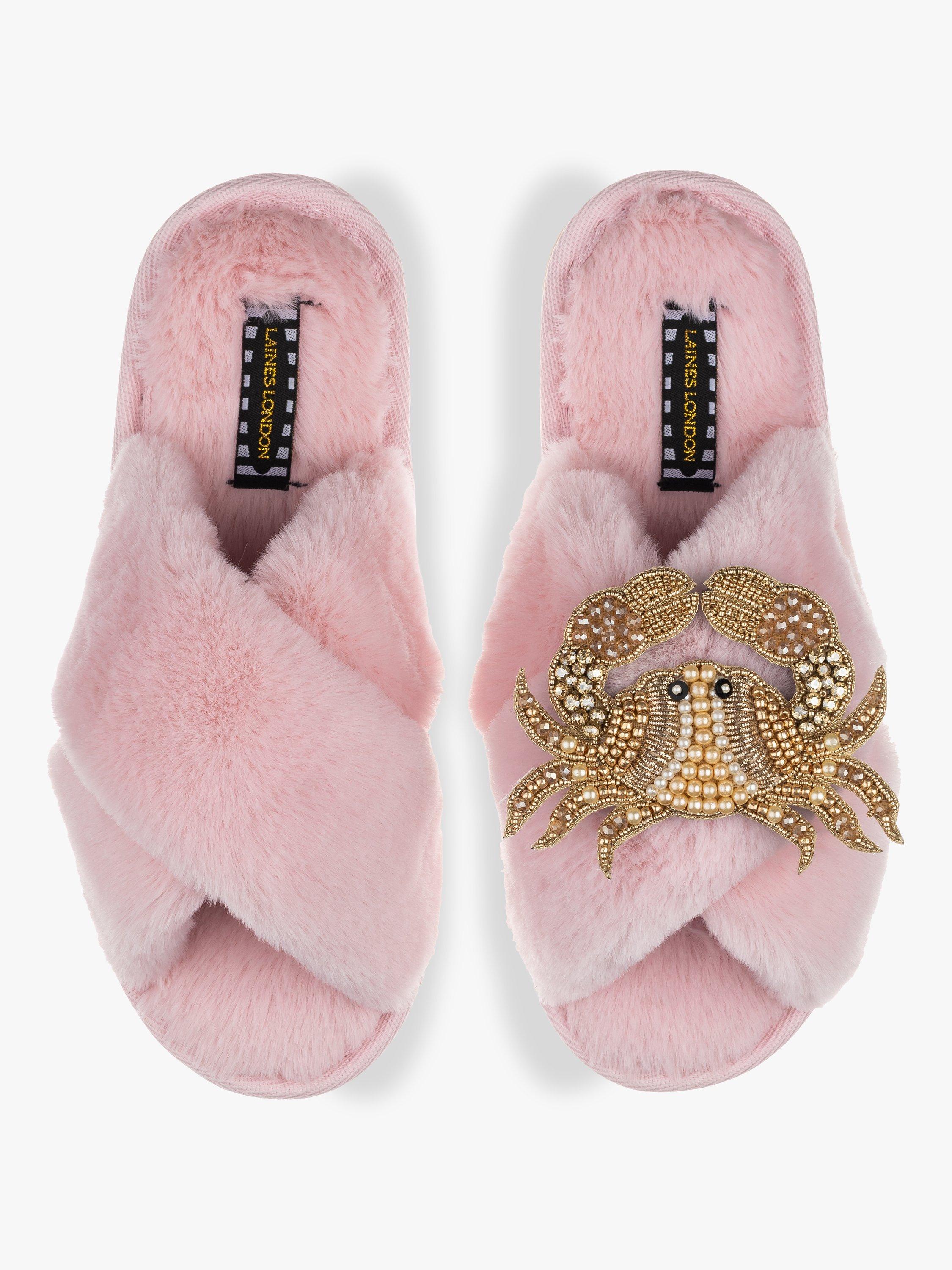 Laines London Classic Faux Fur Crab Brooch Slippers