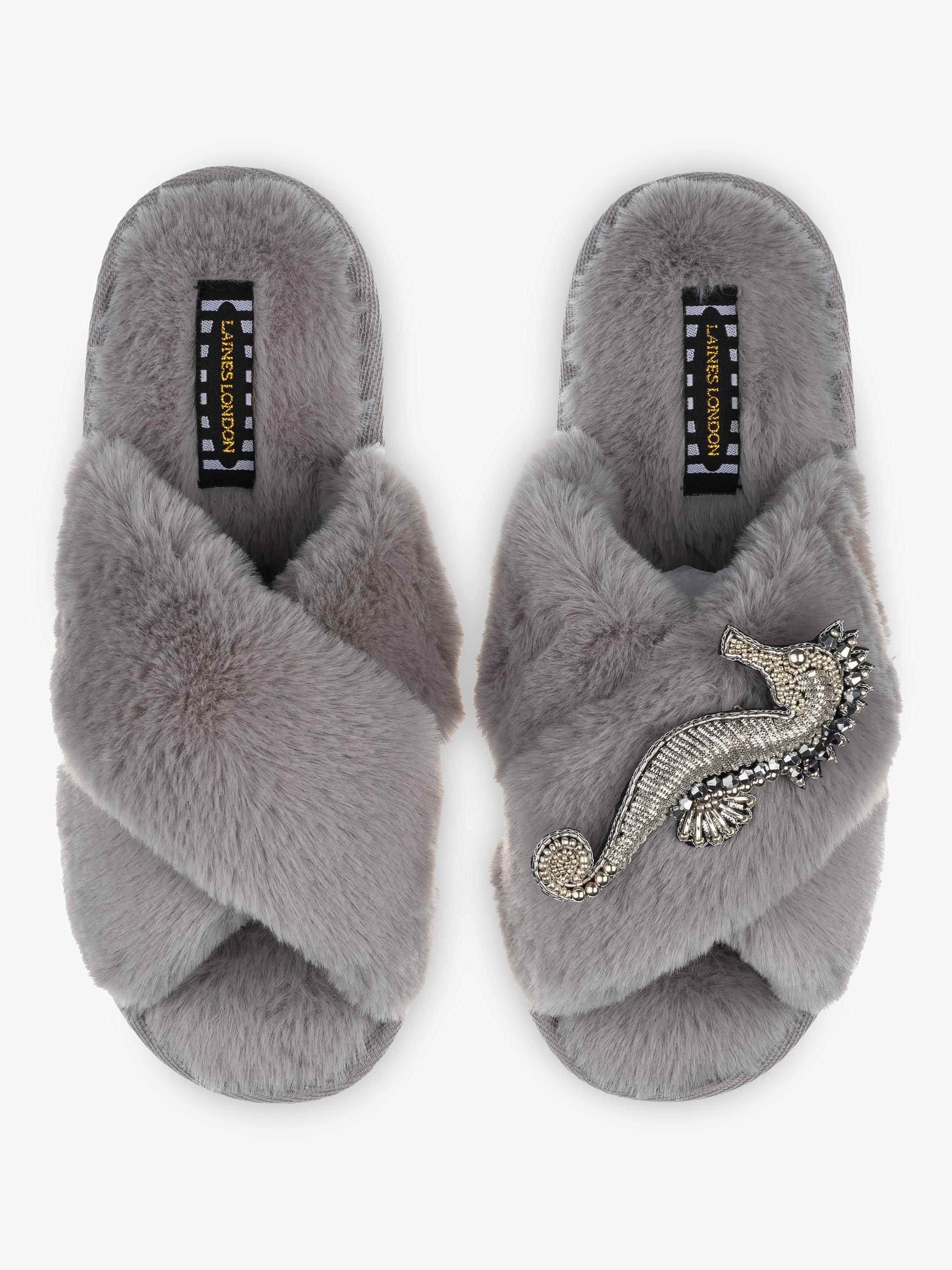 Laines London Classic Faux Fur Seahorse Brooch Slippers, Grey/Silver