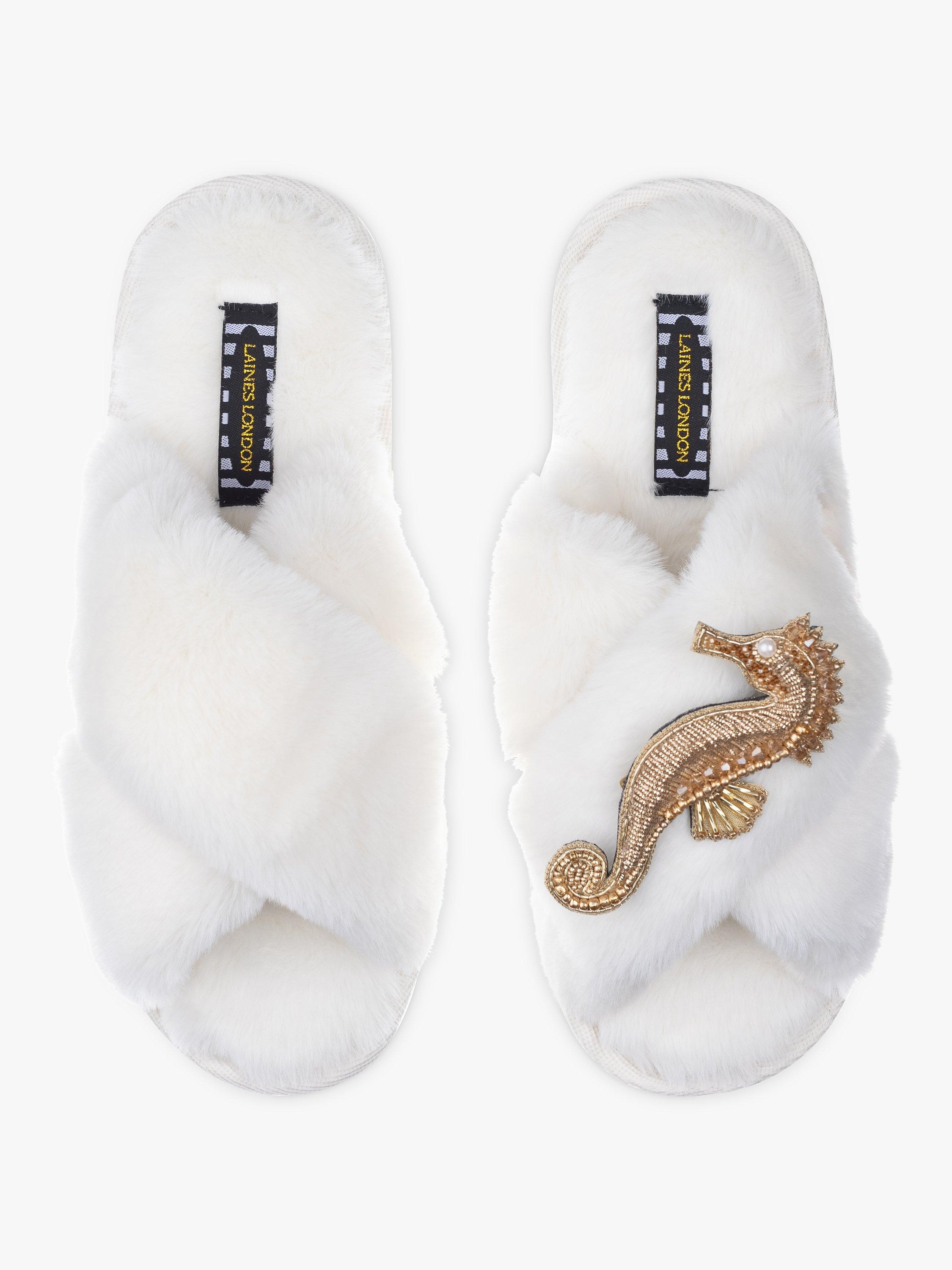 Laines London Classic Faux Fur Seahorse Brooch Slippers, Cream/Gold