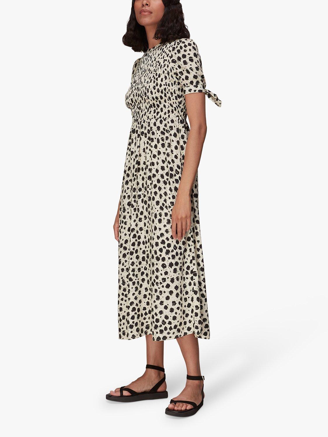Whistles Dalmatian Shirred Midi Dress, Black/White