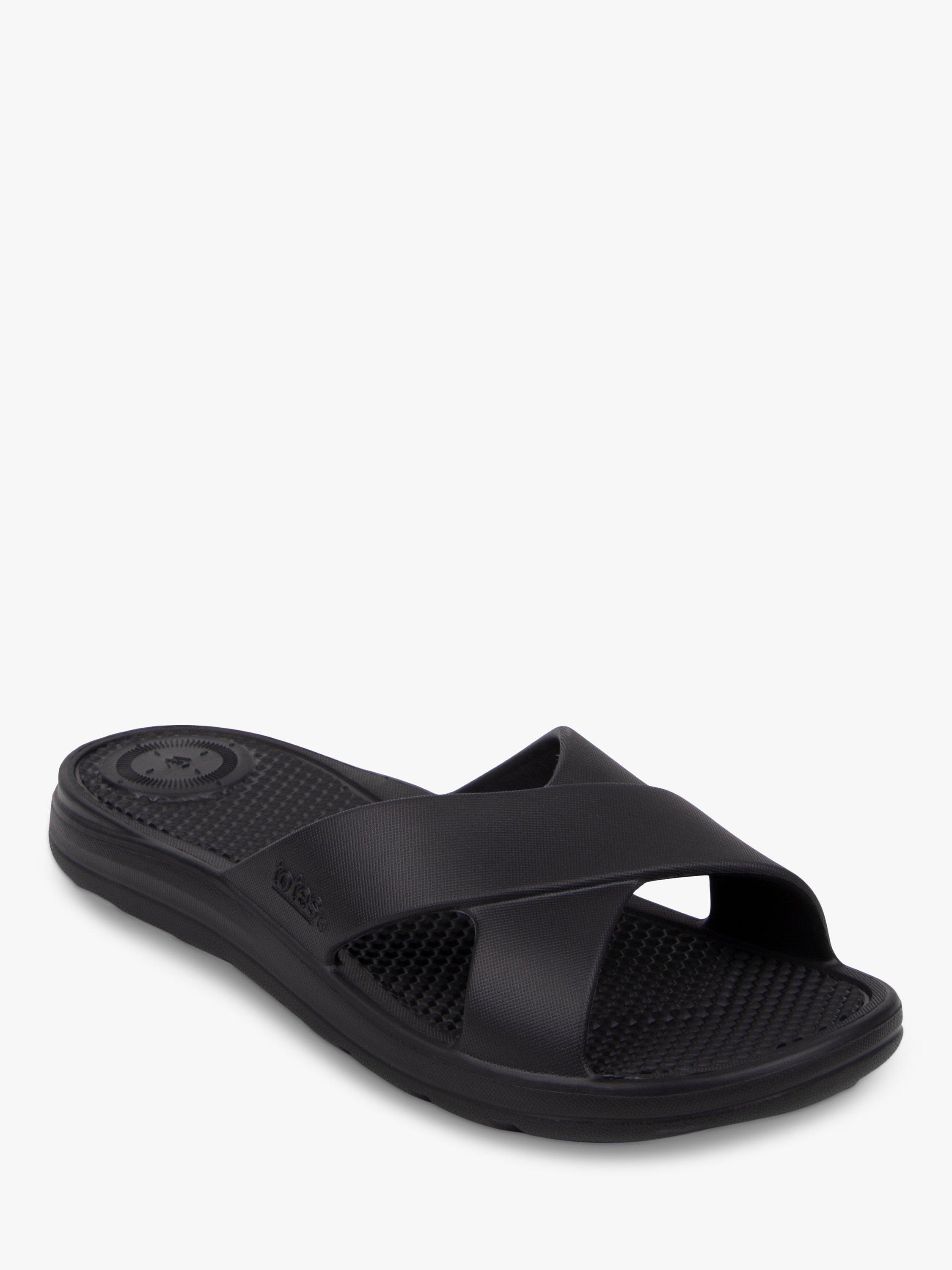 Product image 2 of 5, which shows totes SOLBOUNCE Cross Strap Slider Sandals, Black, 4