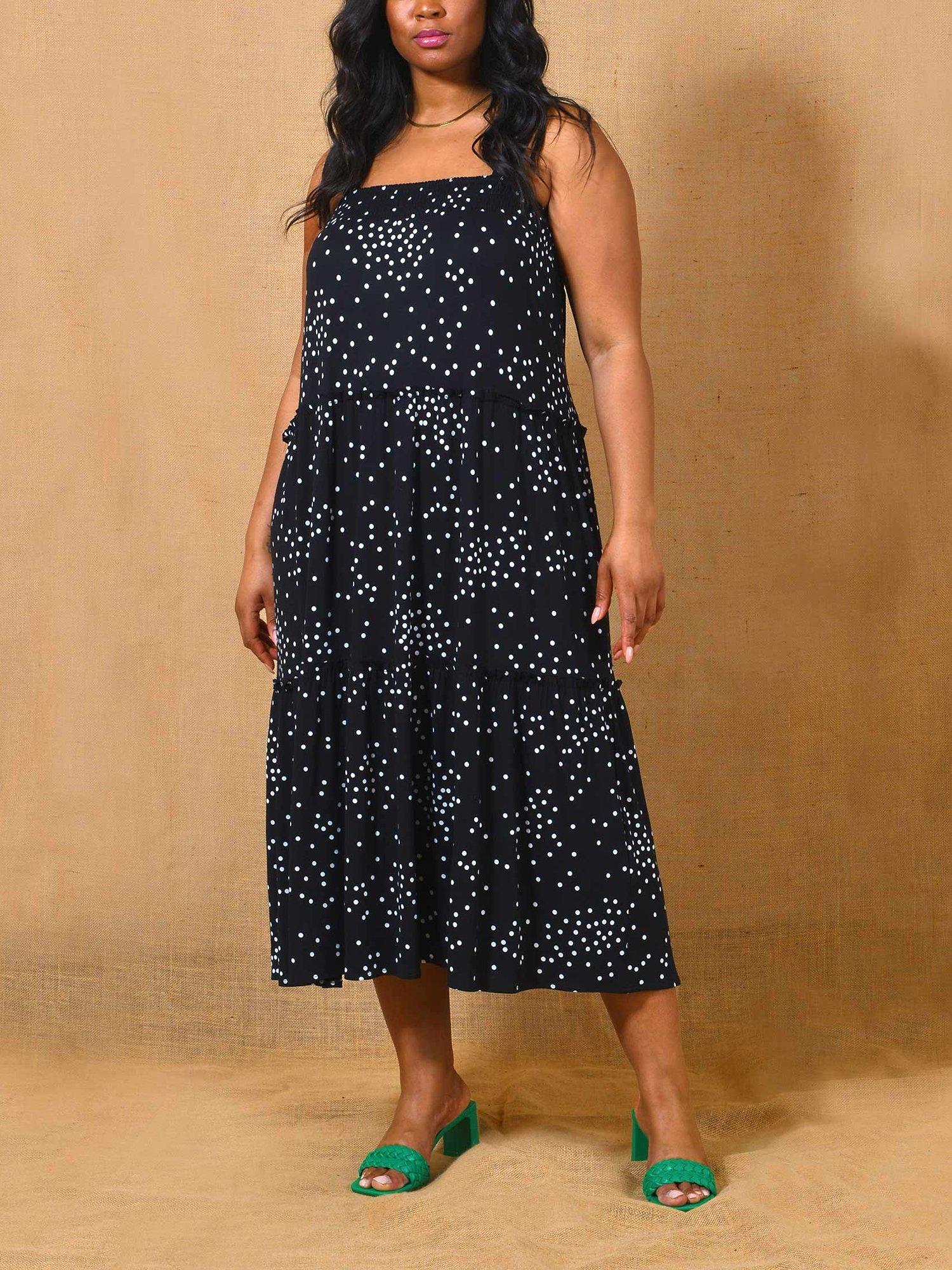 Live Unlimited Spot Print Tiered Midi Dress, Black