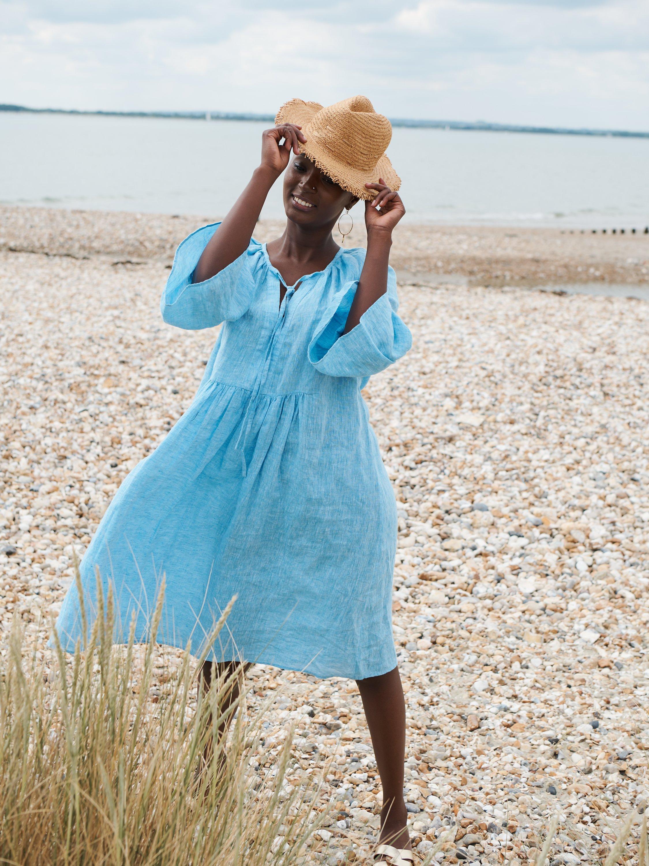 NRBY Elizabeth Linen Tunic Dress Turquoise