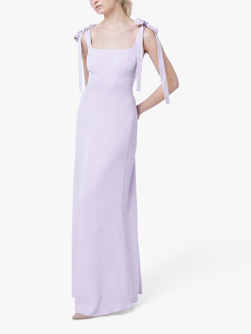 Product image 1 of 3, which shows Maids to Measure Allegra Satin Wide Strap Maxi Dress, Lilac, 8