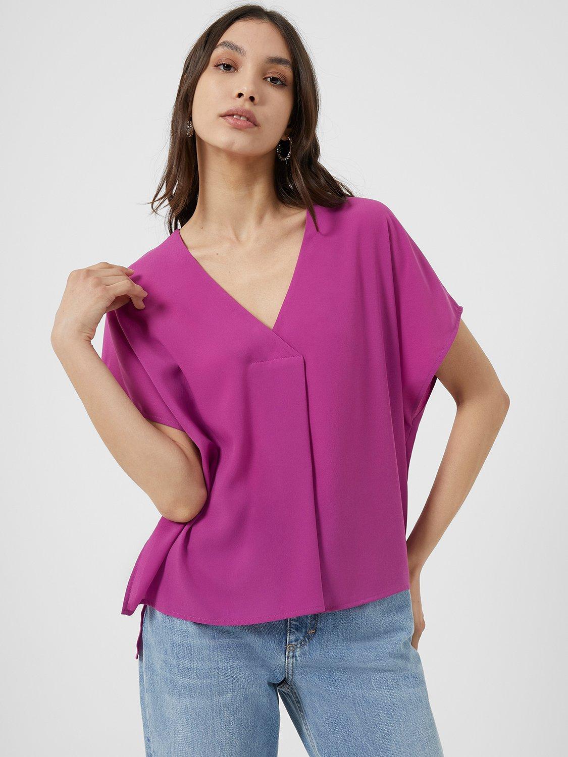 French Connection Crepe Short Sleeve V-Neck Blouse, Vivid Viola