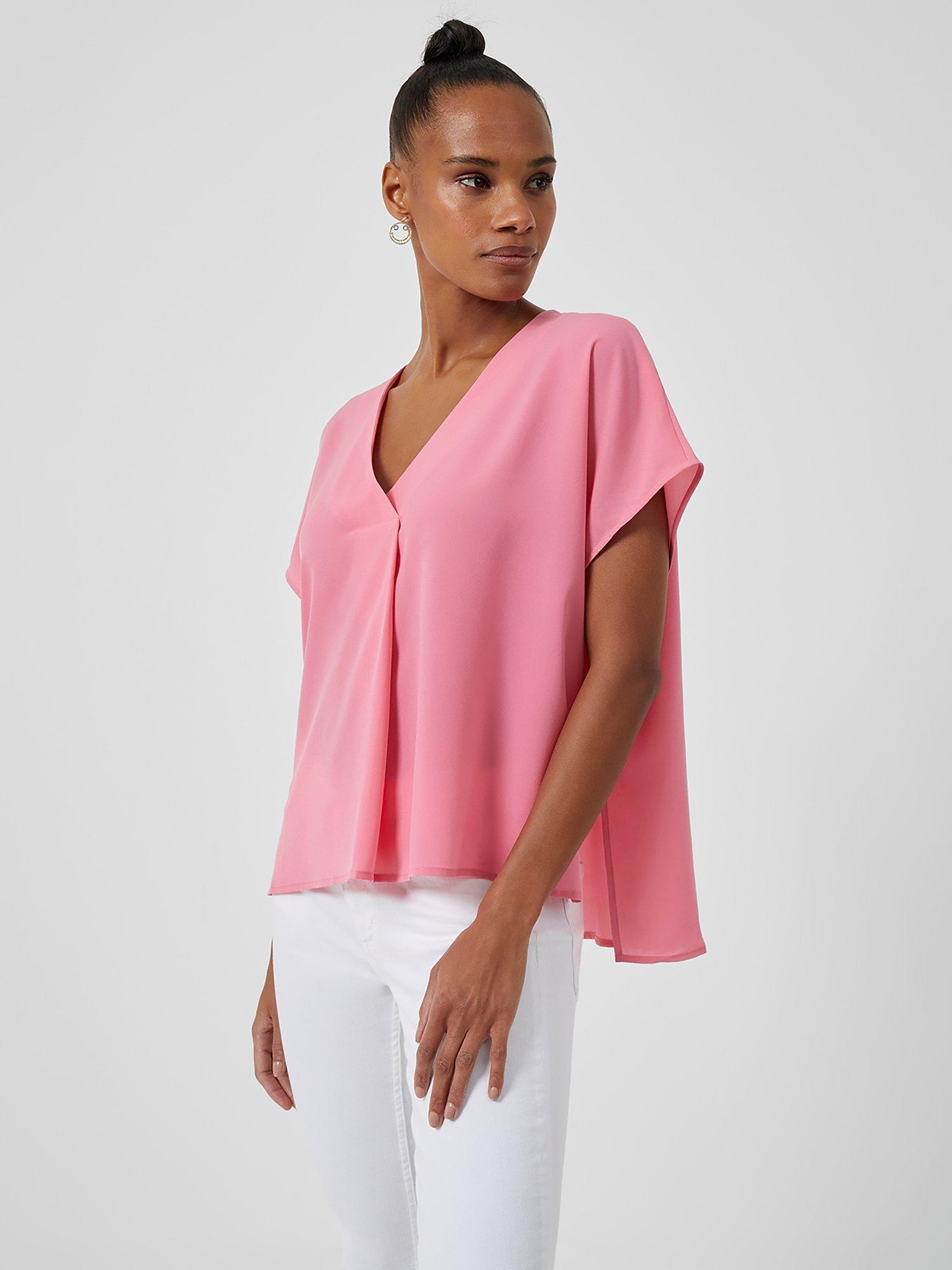 French Connection Crepe Short Sleeve V-Neck Blouse, Bubblegum
