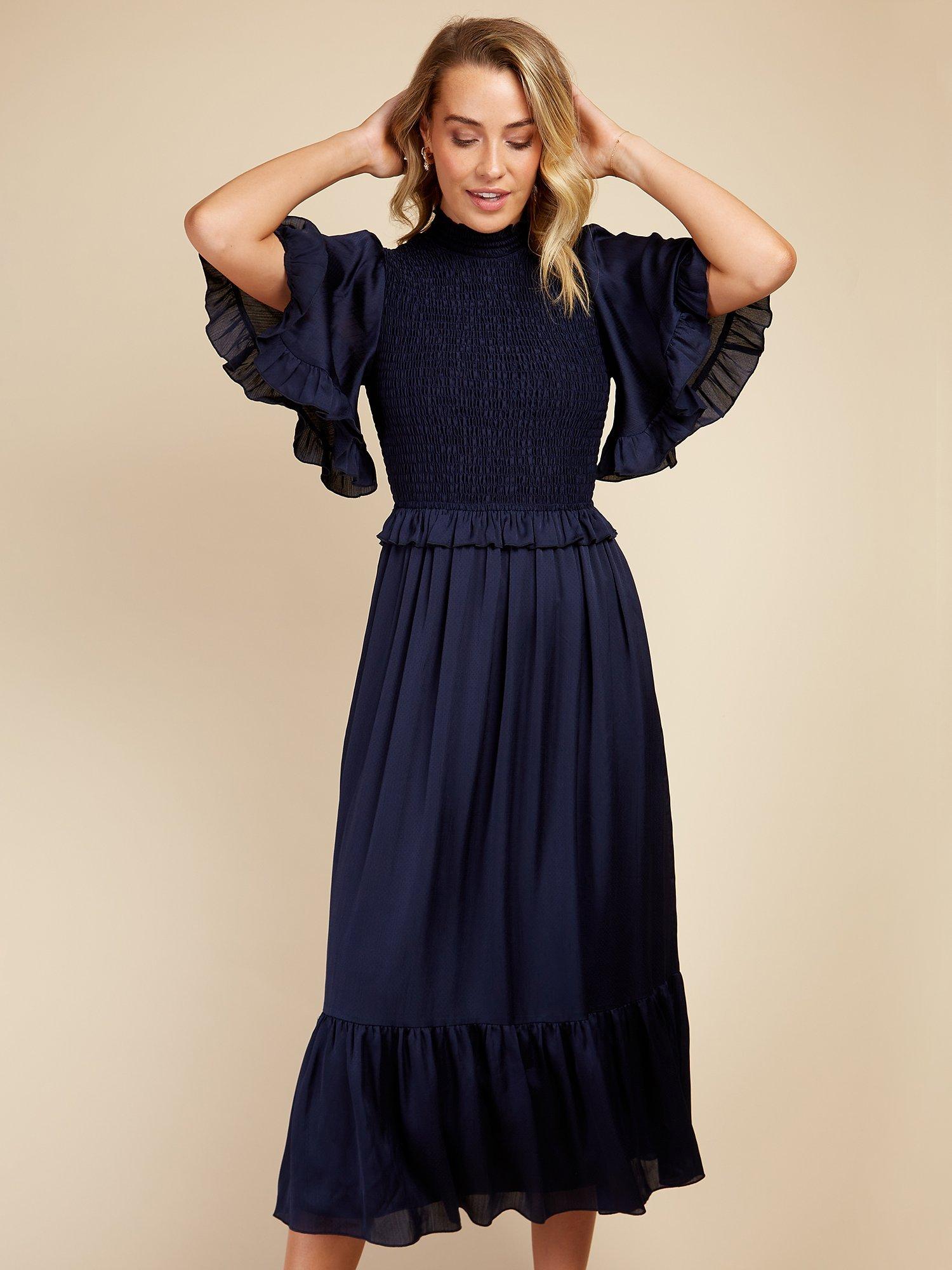 Product image 1 of 4, which shows Little Mistress Chiffon Tiered Midi Dress, Navy, 8