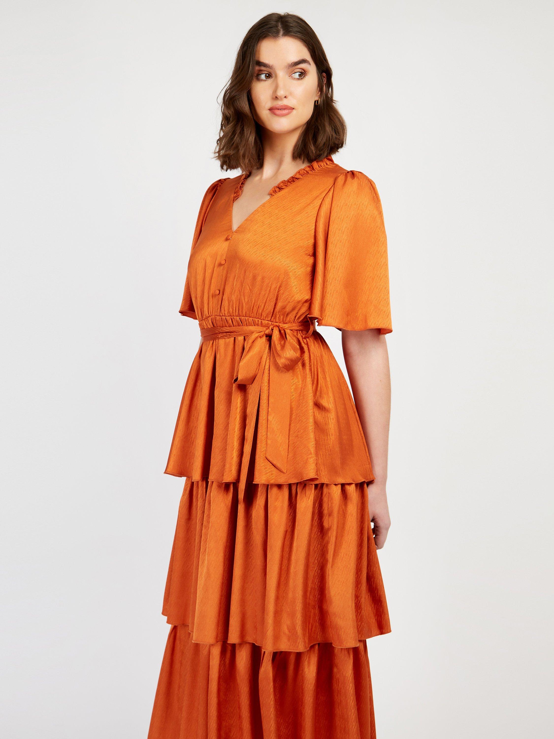 Little Mistress Satin Tiered Midi Dress, Copper