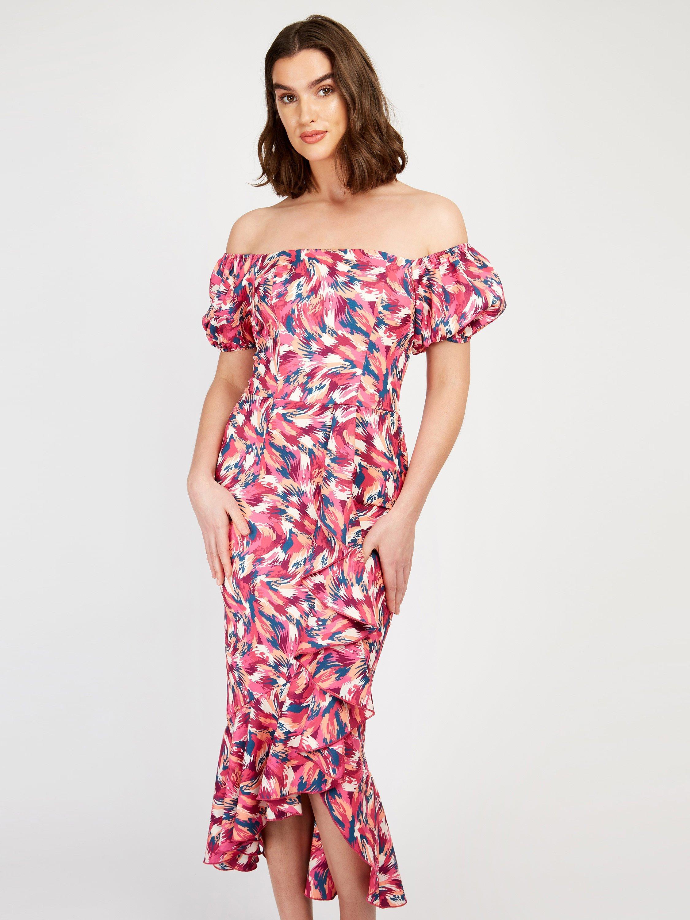 Little Mistress Abstract Bardot Midaxi Dress, Multi