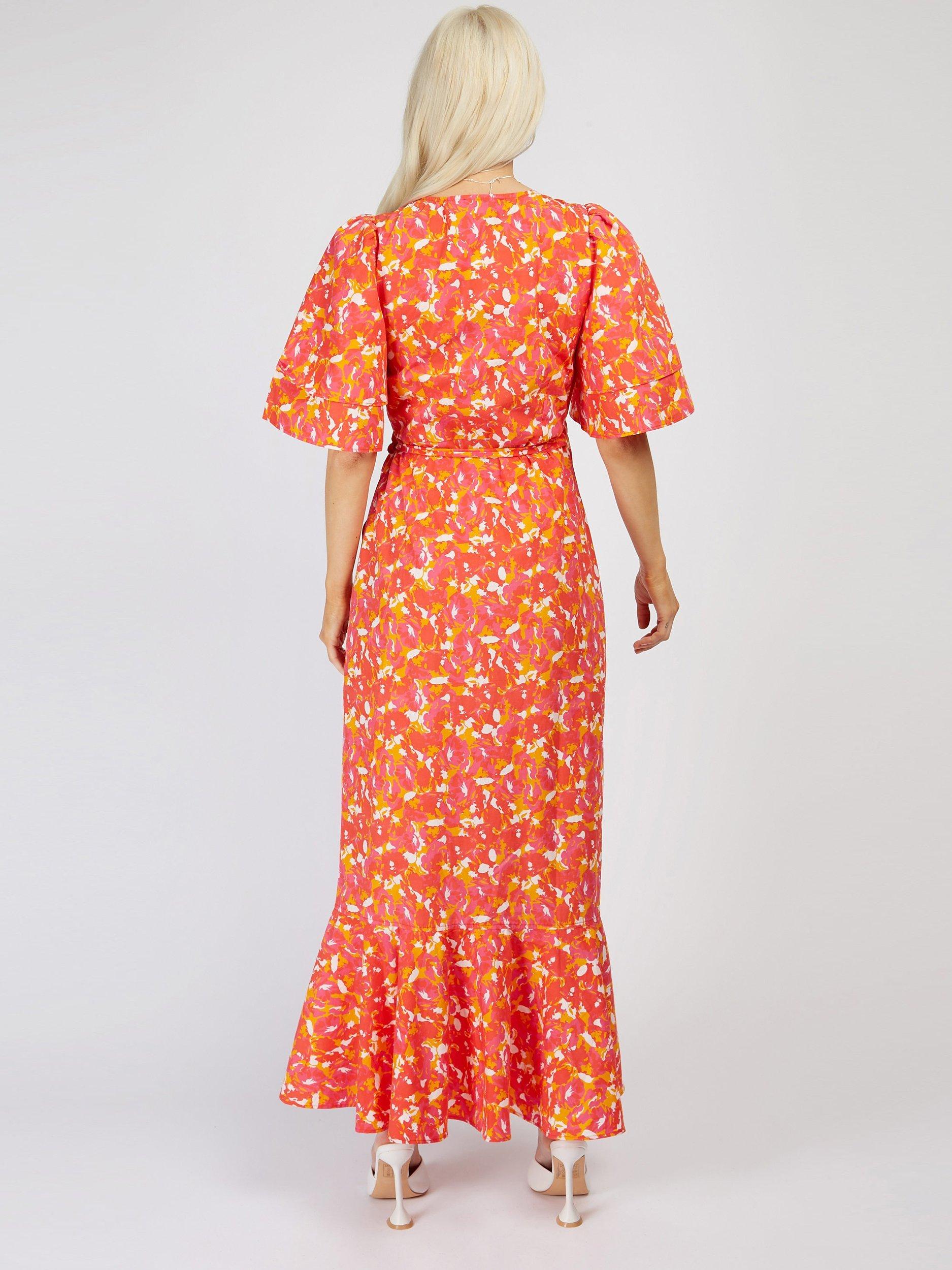 Product image 2 of 6, which shows Little Mistress by Vogue Williams Maxi Floral Wrap Dress, Red/Pink, 6