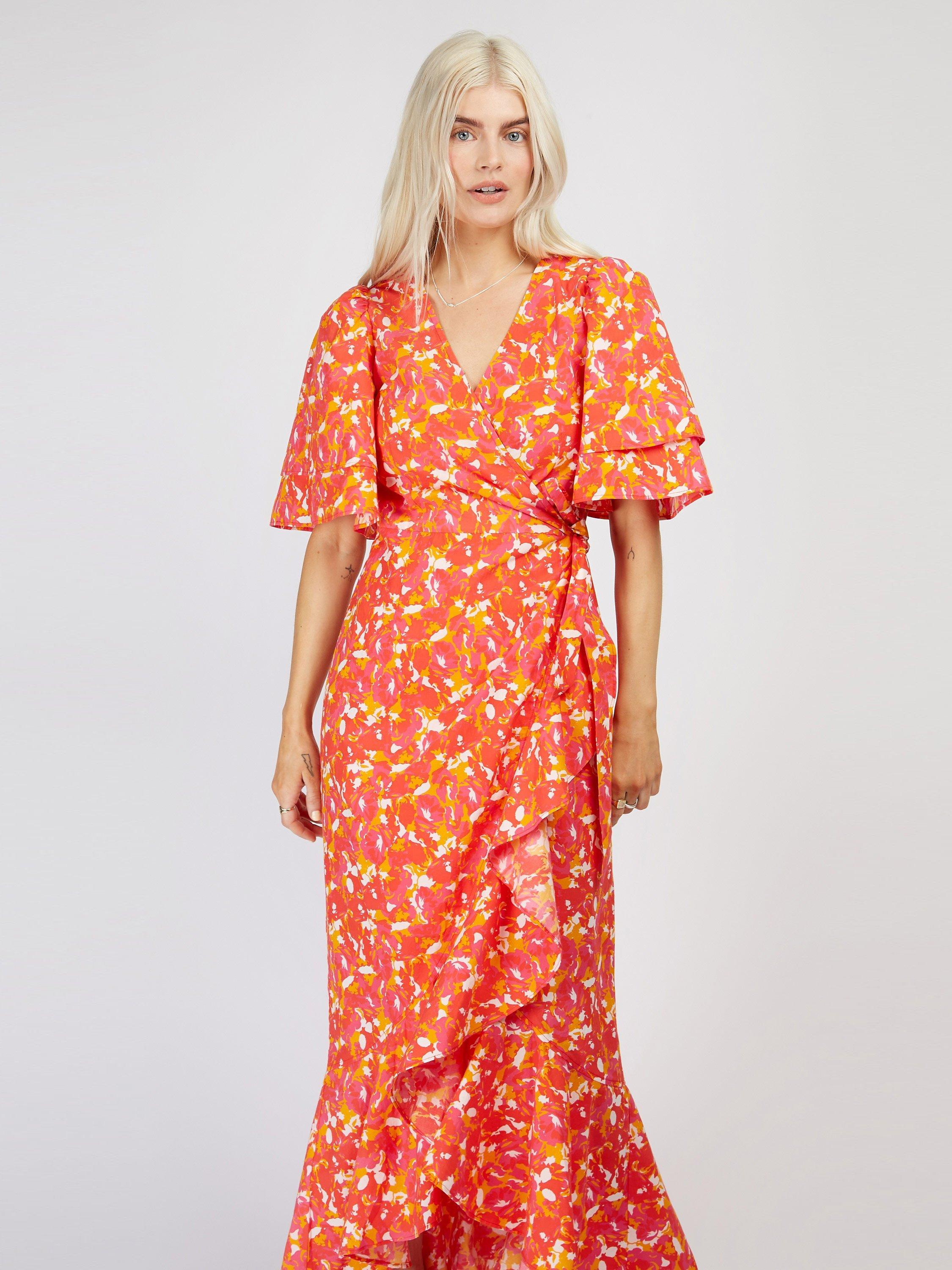 Product image 4 of 6, which shows Little Mistress by Vogue Williams Maxi Floral Wrap Dress, Red/Pink, 6