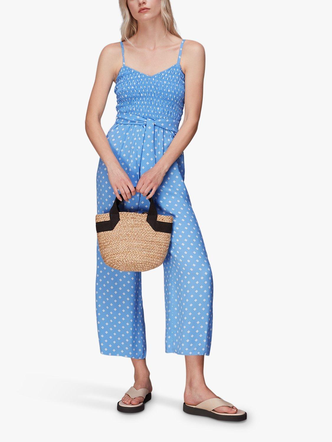 Product image 1 of 7, which shows Whistles Rounded Leaf Shirred Jumpsuit, Blue/Multi, 6