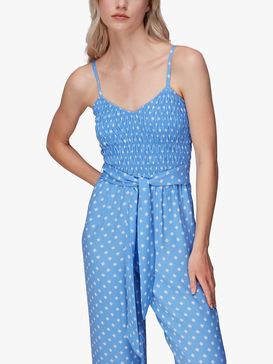 Product image 6 of 7, which shows Whistles Rounded Leaf Shirred Jumpsuit, Blue/Multi, 6