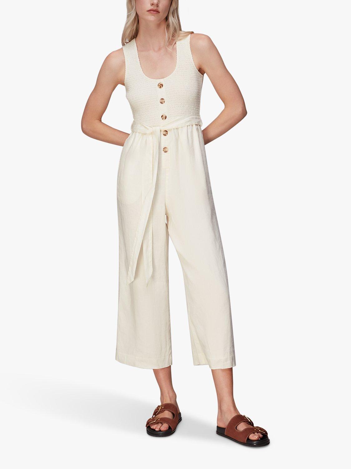 Whistles Linen Blend Shirred Jumpsuit Ivory