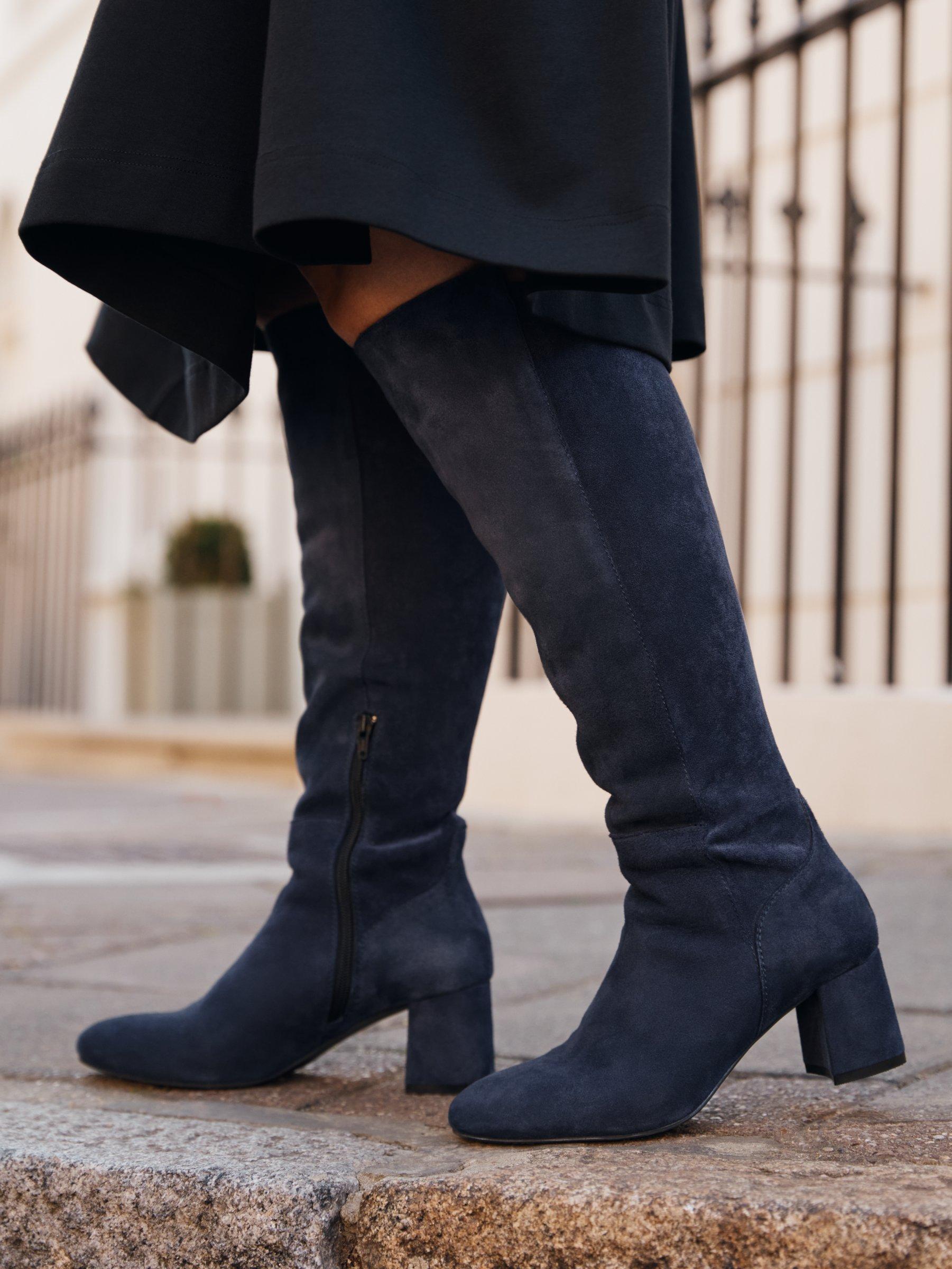 John Lewis + Erica Davies Viola Suede Wide Calf Stretch Long Boots, Navy