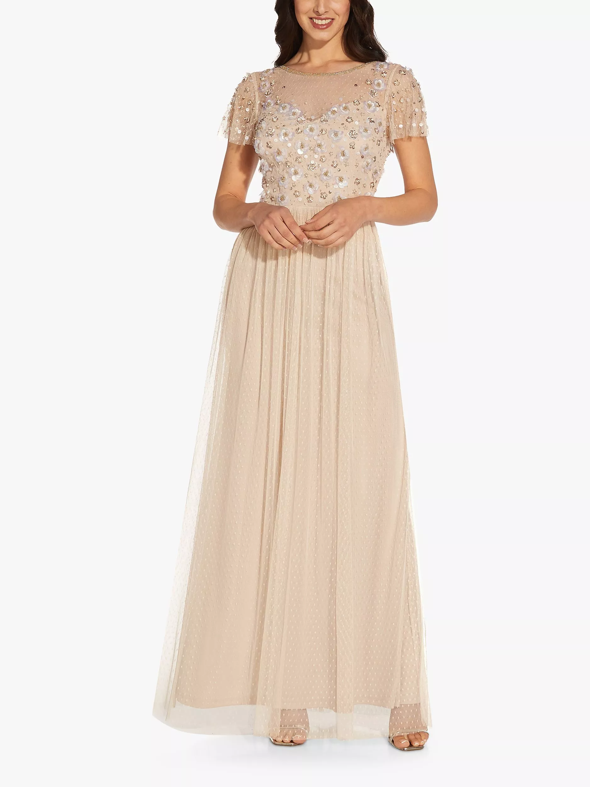 Adrianna Papell 3D Beaded Point Maxi Dress Biscotti