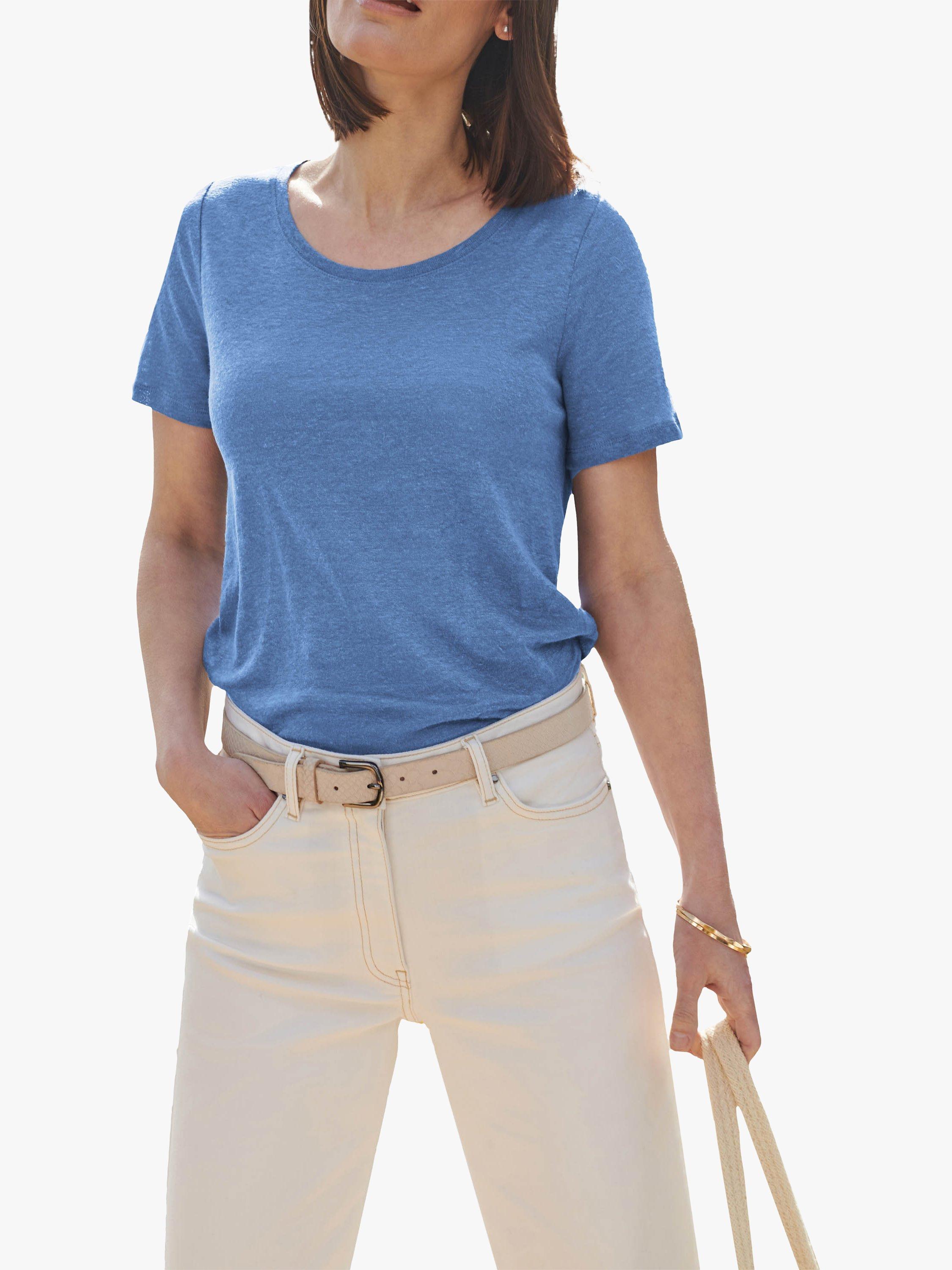 Product image 1 of 3, which shows Pure Collection Linen Scoop Neck T-Shirt, Mid Blue, 8