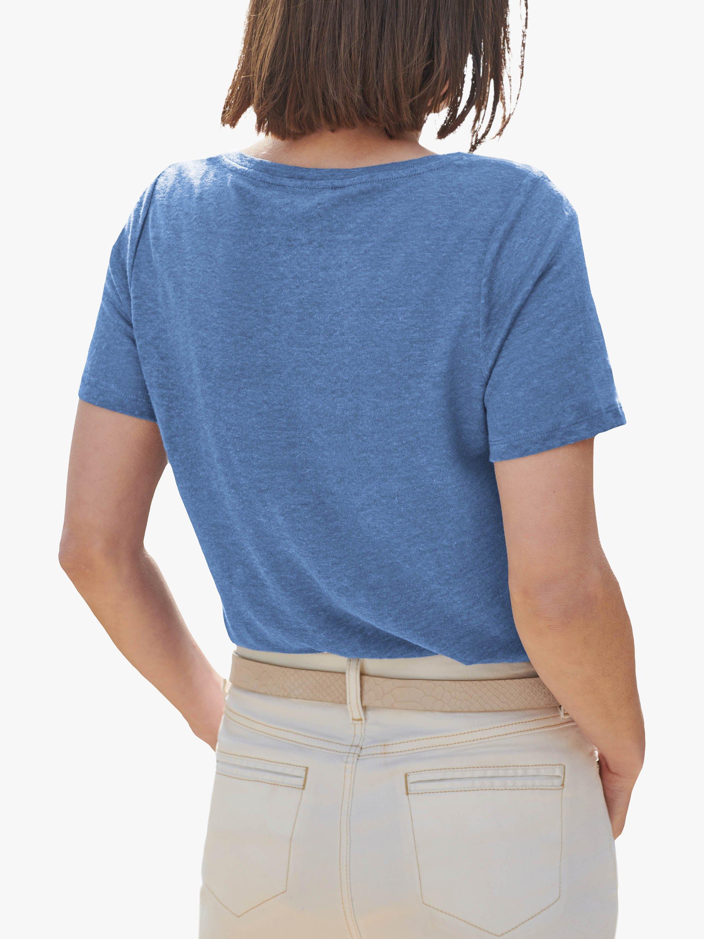 Product image 2 of 3, which shows Pure Collection Linen Scoop Neck T-Shirt, Mid Blue, 8
