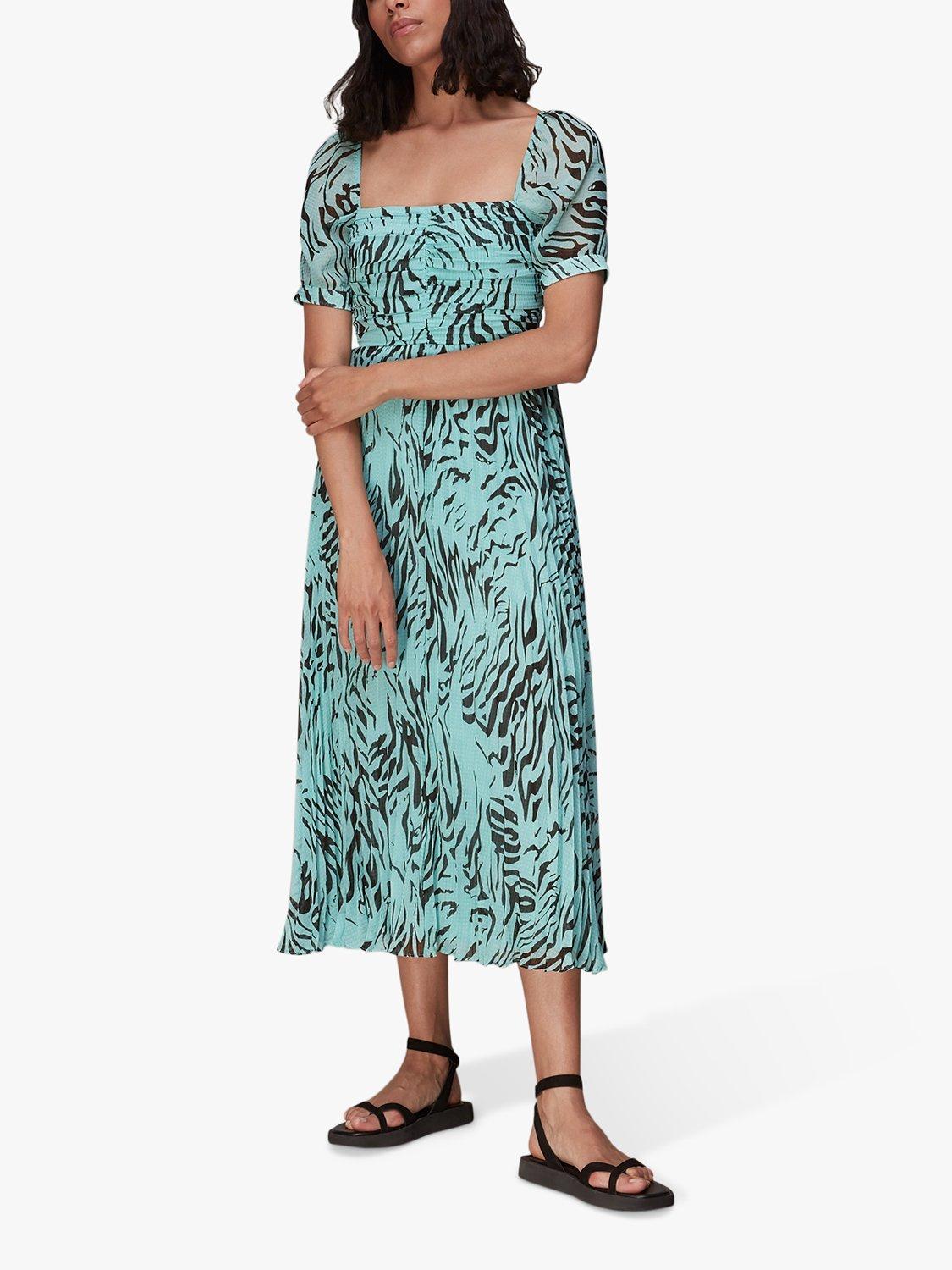 Whistles Tiger Print Pleated Midi Dress, Mint