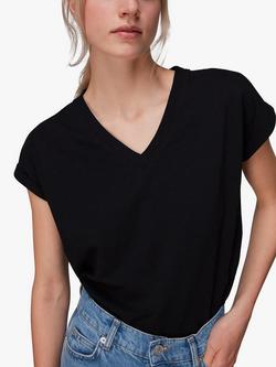 Whistles Willa Organic Cotton V-Neck Cap Sleeve T-Shirt, Black