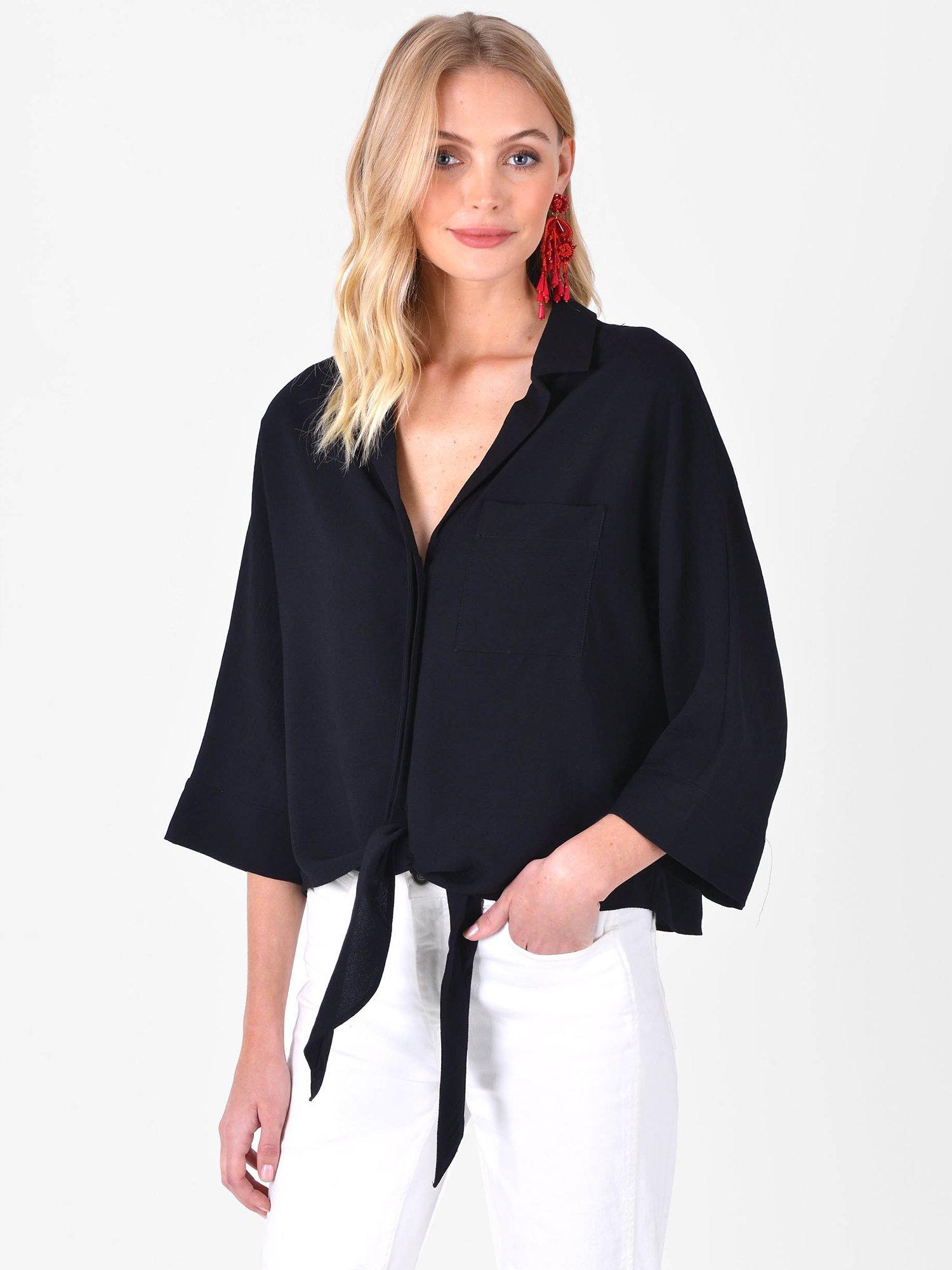 Ro&Zo Tie Hem Long Sleeve Shirt, Black