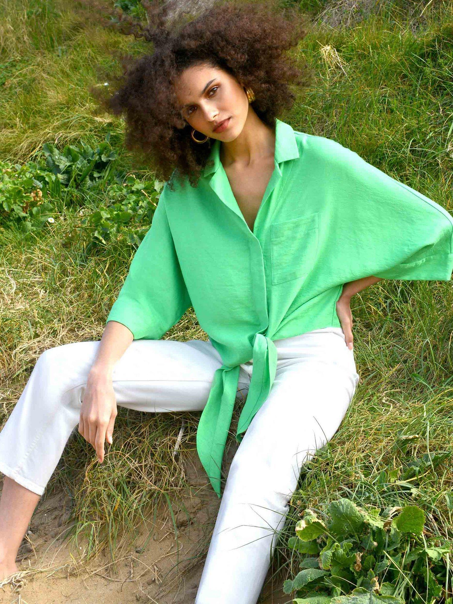 Ro&Zo Tie Hem Long Sleeve Shirt, Green
