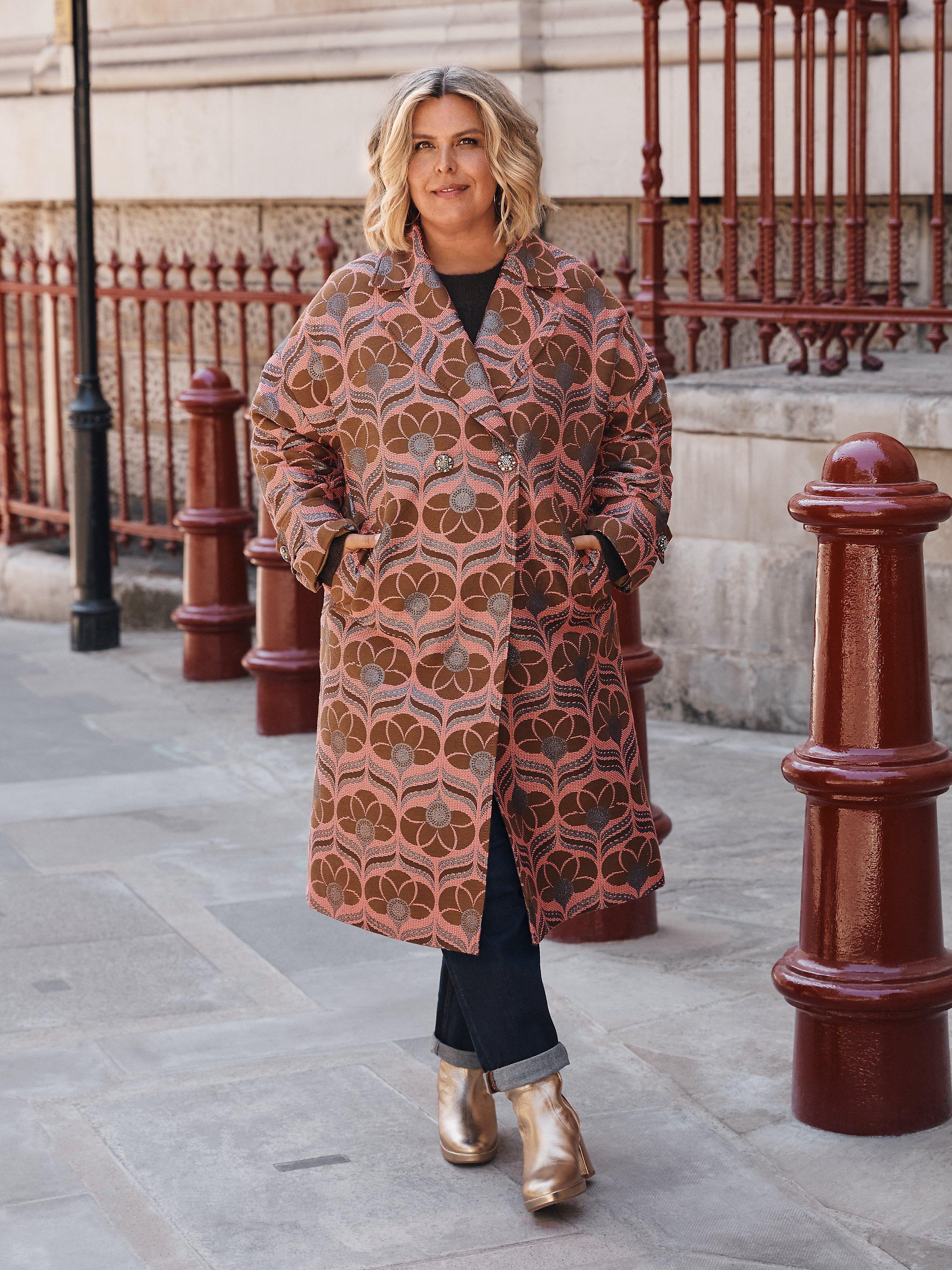 John Lewis + Erica Davies Floral Jacquard Lurex Coat, Coral Mix