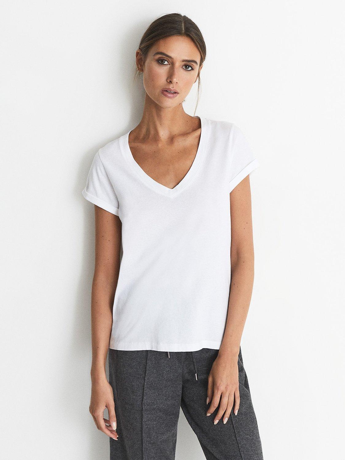 Product image 1 of 4, which shows Reiss Luana Cotton V-Neck T-Shirt, White, XXS