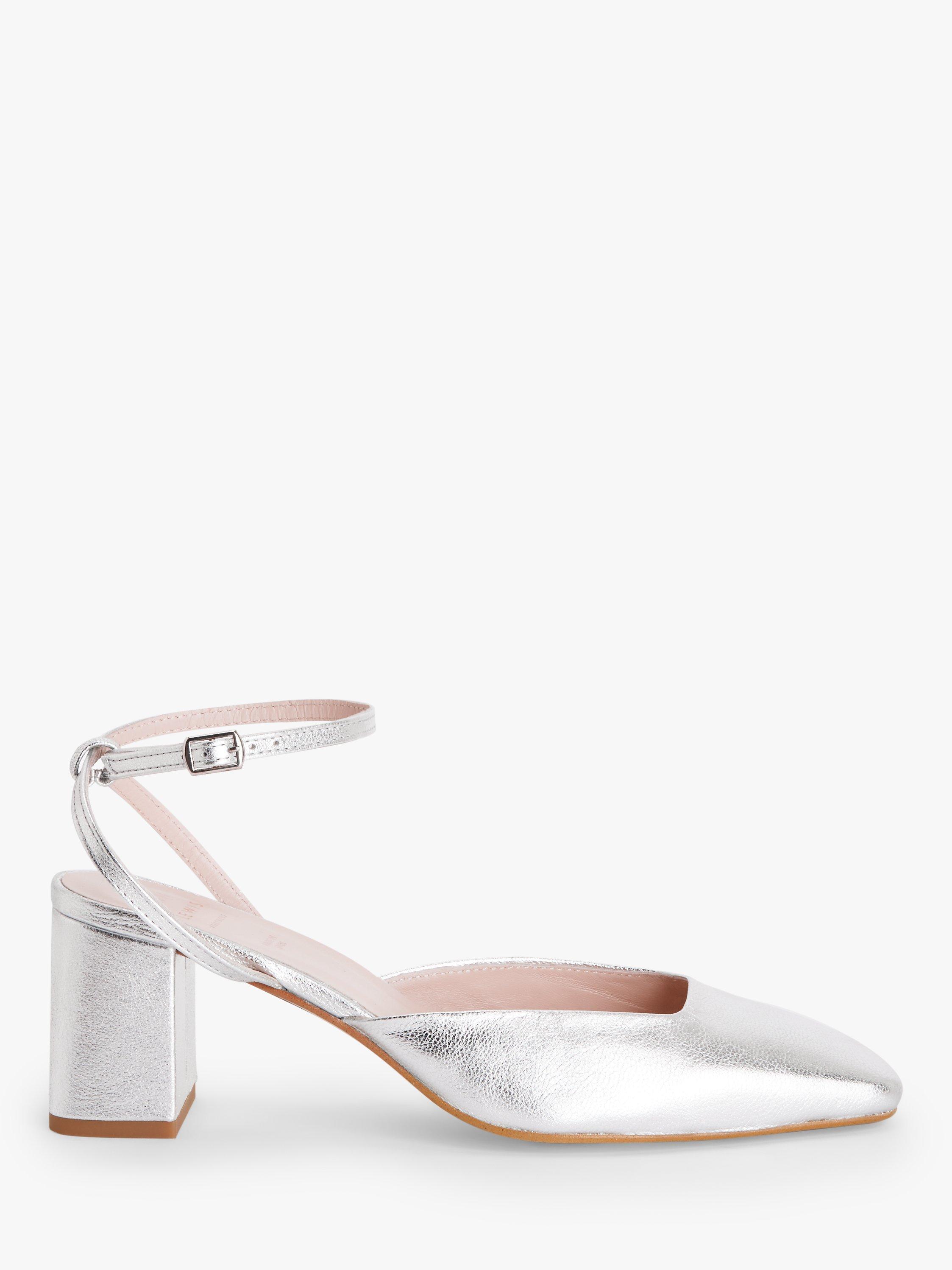 John Lewis Beau Leather Metallic Block Heel Court Shoes, Silver
