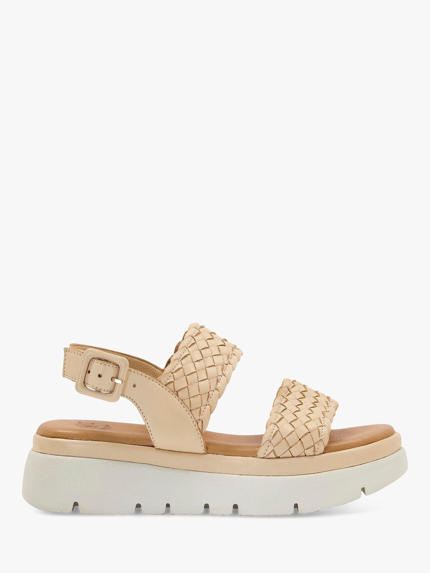 Dune Lorris Leather Woven Flatform Sandals, Camel, 3