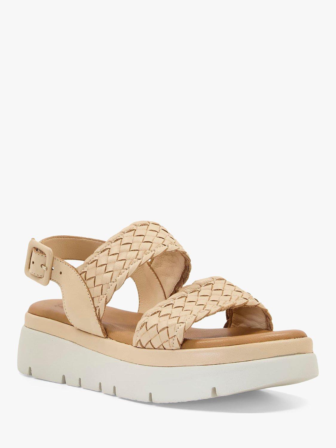 Dune Lorris Leather Woven Flatform Sandals, Camel, 3