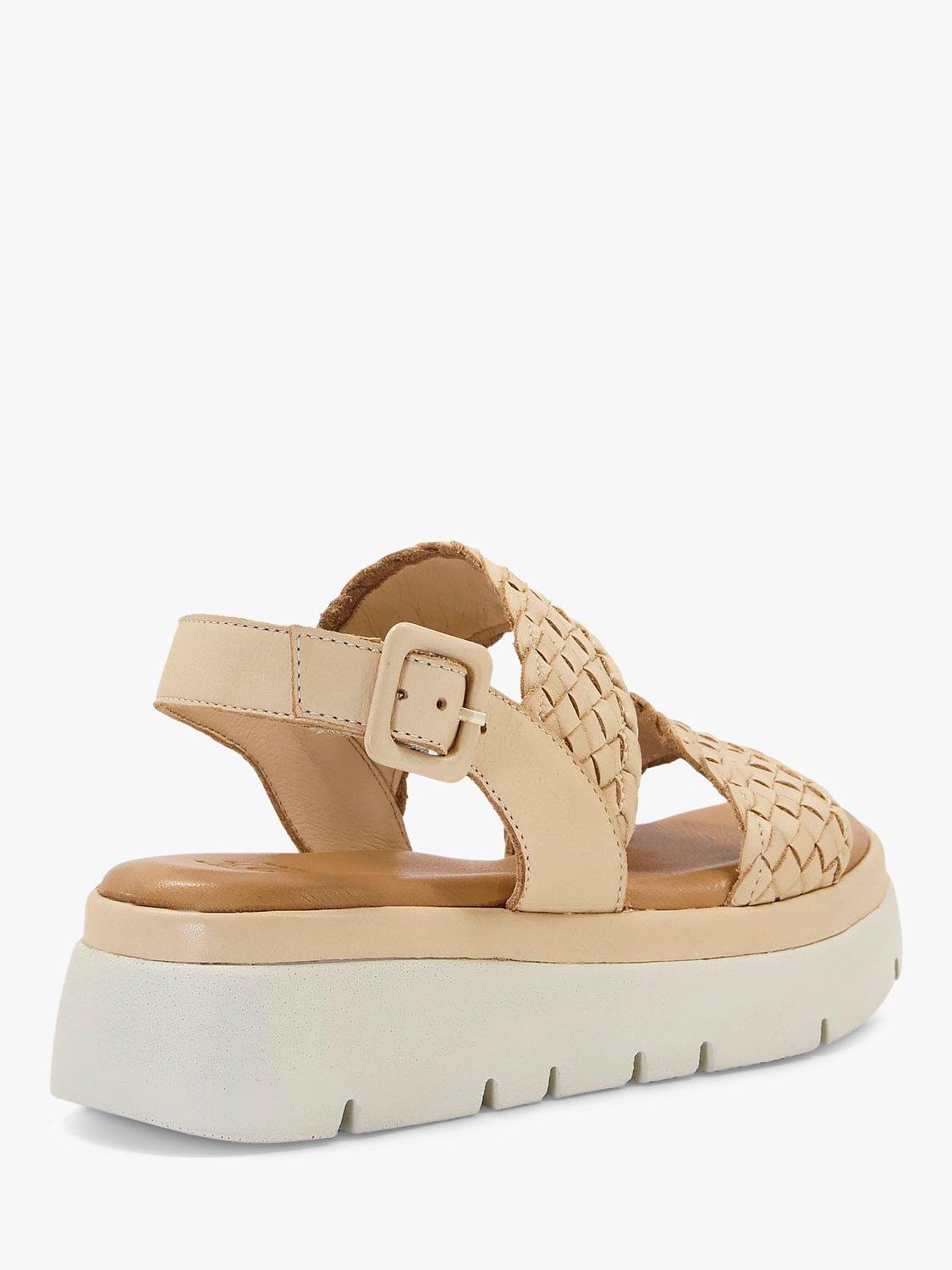Dune Lorris Leather Woven Flatform Sandals, Camel, 3