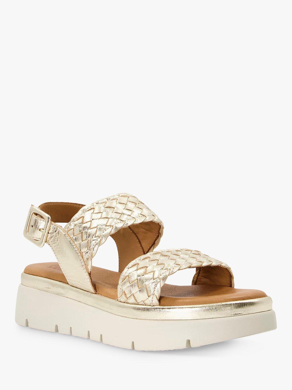 Dune Lorris Leather Woven Flatform Sandals, Gold, 3