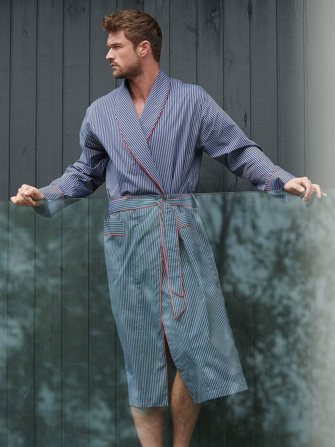 Product image 1 of 3, which shows British Boxers Stripe Crisp Cotton Dressing Gown, Winchester, S